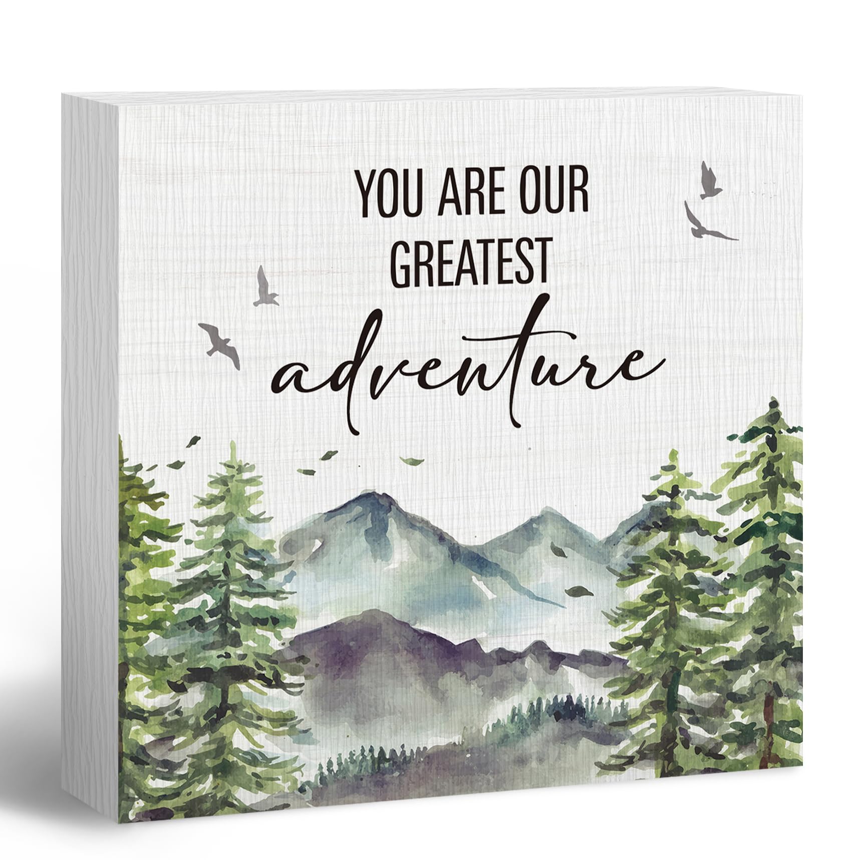 ANIANG Woodland Nursery Wooden Box Sign, Inspirational Desk Decor, Forest Mountain You Are Our Greatest Adventure Wood Block Box Sign Plaque for Kids