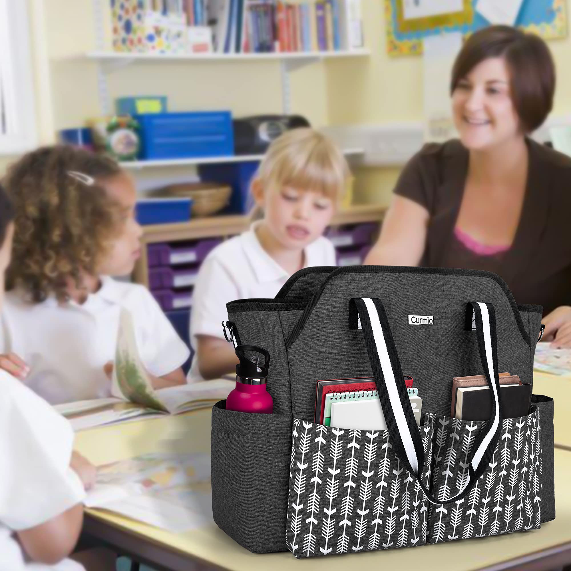 CURMIO Bolsa de Trabajo para Profesora Mujer con Funda para Laptop, Negro | Correa de Hombro Desmontable, Varios Bolsillos, para Profesores/ Enfermeras/ Universidad/ Negocios, Sólo Bolsa