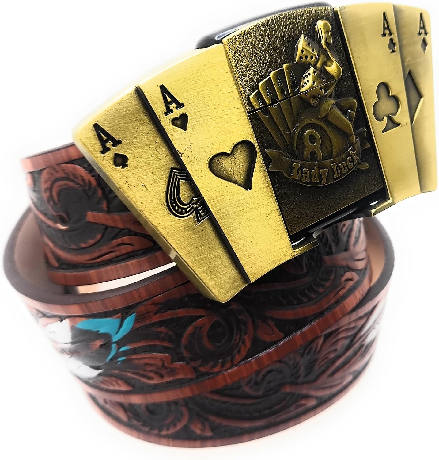 Lady Luck 4 Aces Lighter Belt for Men and Women – Gold Casino Poker Gambler Belt Buckle with Dice 8 Ball Feather Belt