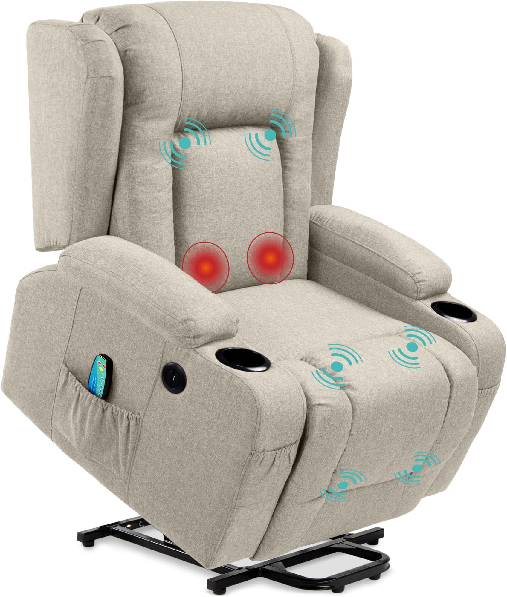 Best Choice Products Electric Power Lift Linen Recliner Massage Chair, Adjustable Furniture for Back, Lumbar, Legs w/ 3 Positions, USB Port, Heat, Cupholders, Easy-to-Reach Side Button - Greige