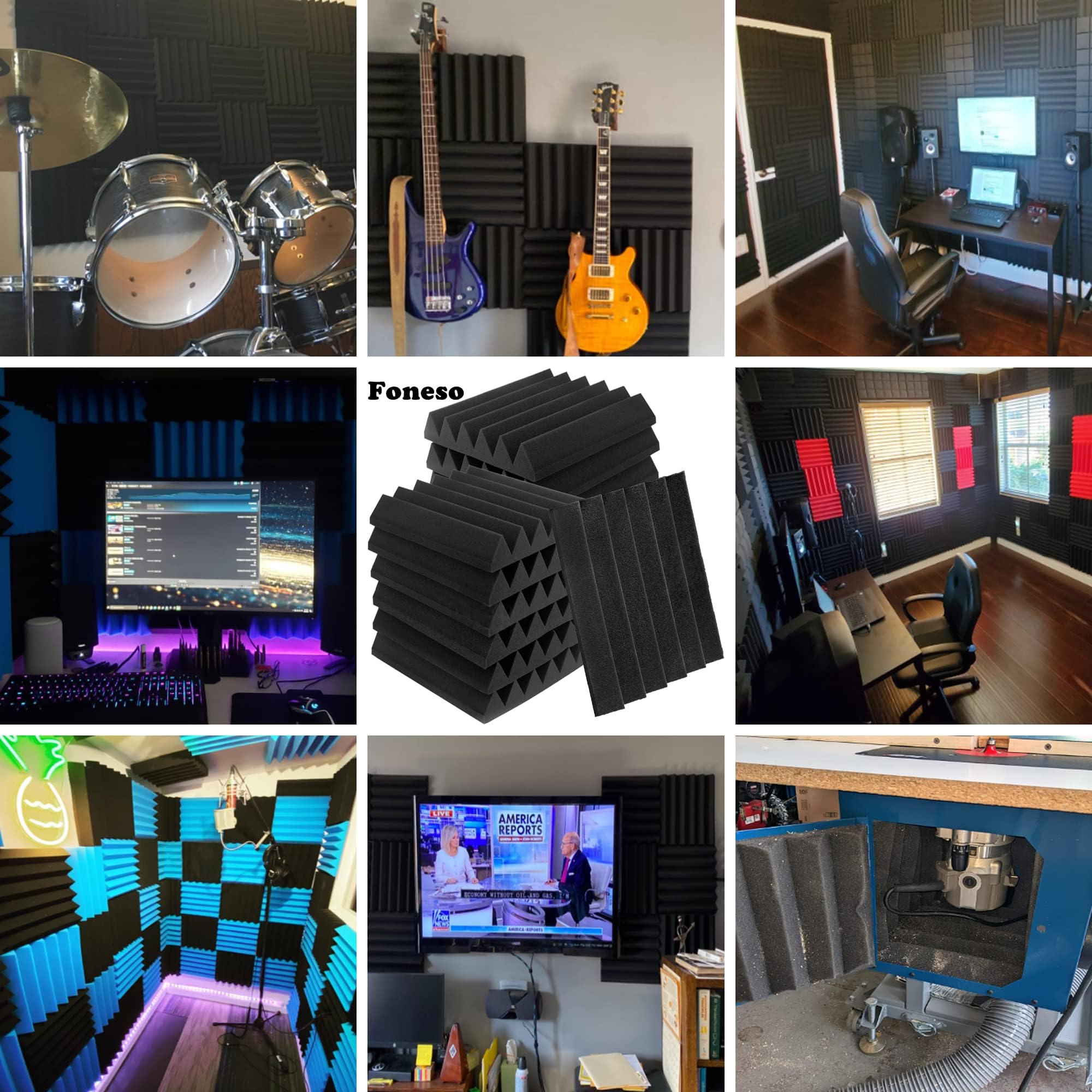 Foneso - Paquete de 48 paneles de espuma acústica, paneles de pared acústicos de 5 x 30 x 30 cm, paneles de pared acústicos Foneso para estudio, grabación de podcast, salas de juegos, oficinas