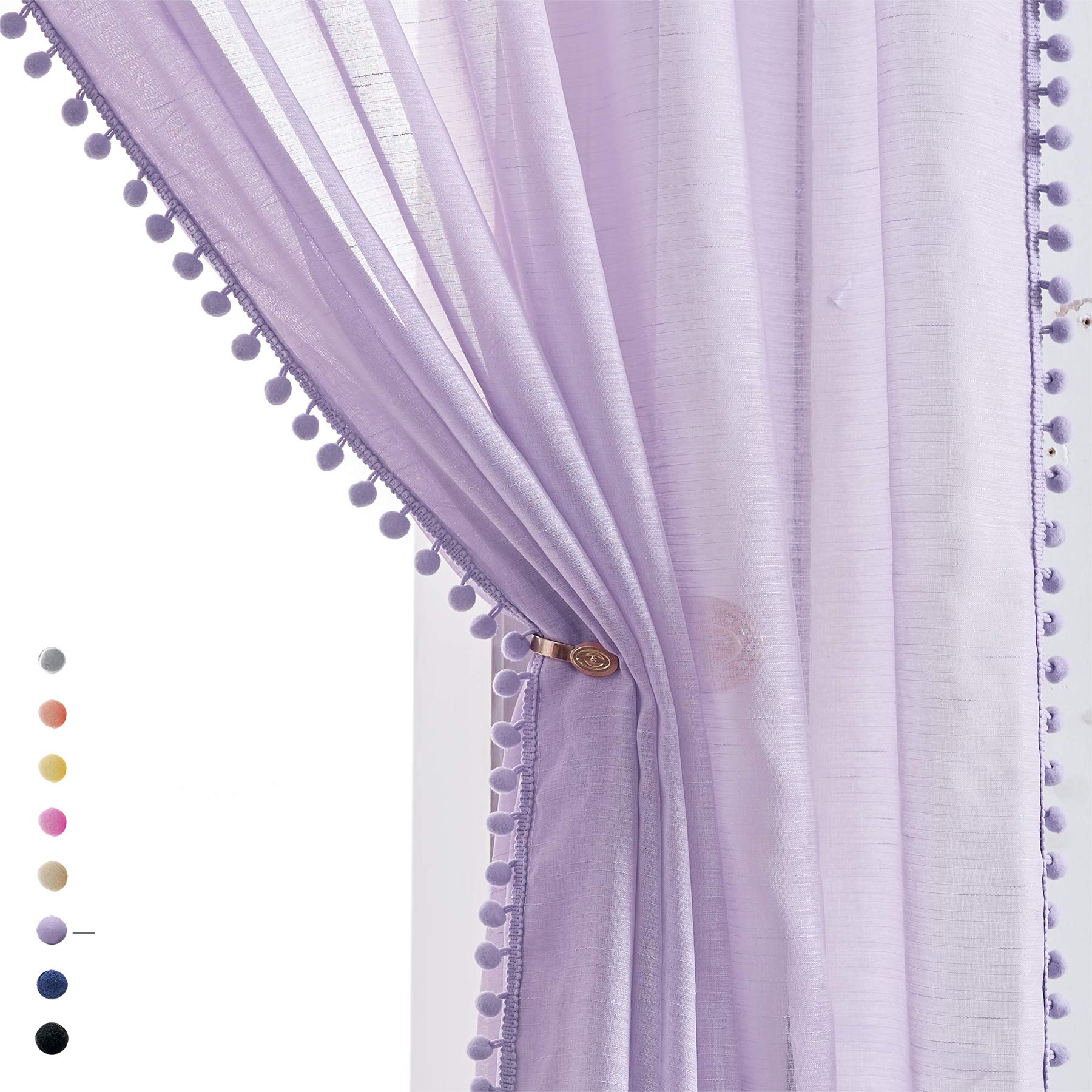 Treatmentex Pom Pom Sheer Curtains for Bedroom 95inches Long Linen Textured Window Voile Drapes Lilac Rod Pocket 1 Pair