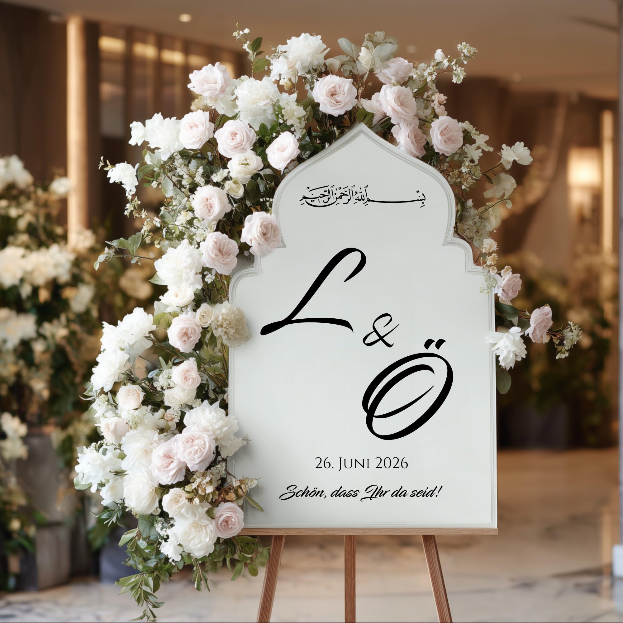 Willkommensschild Hochzeit personalisiert Acrylglas Weiß Hochglanz in arabischer Arche-Form – elegante Deko für Empfang, Party & Events – Made in Germany