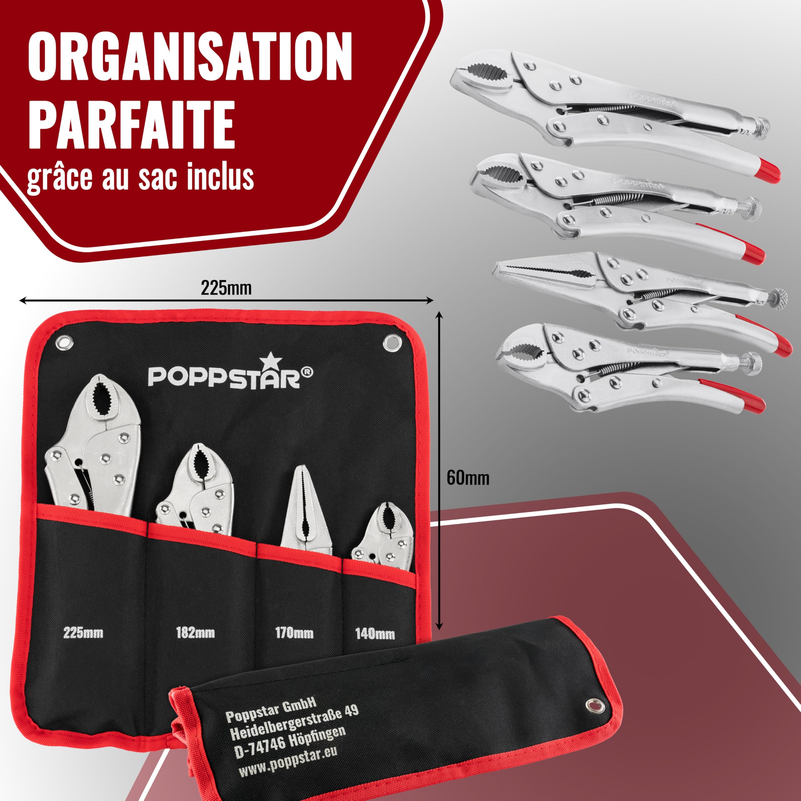 Poppstar Jeu de Pinces de Soudage avec 3x Pince-étau (225/182 / 140 mm) & 1x Pince à Long Bec (170 mm) incl. Sac