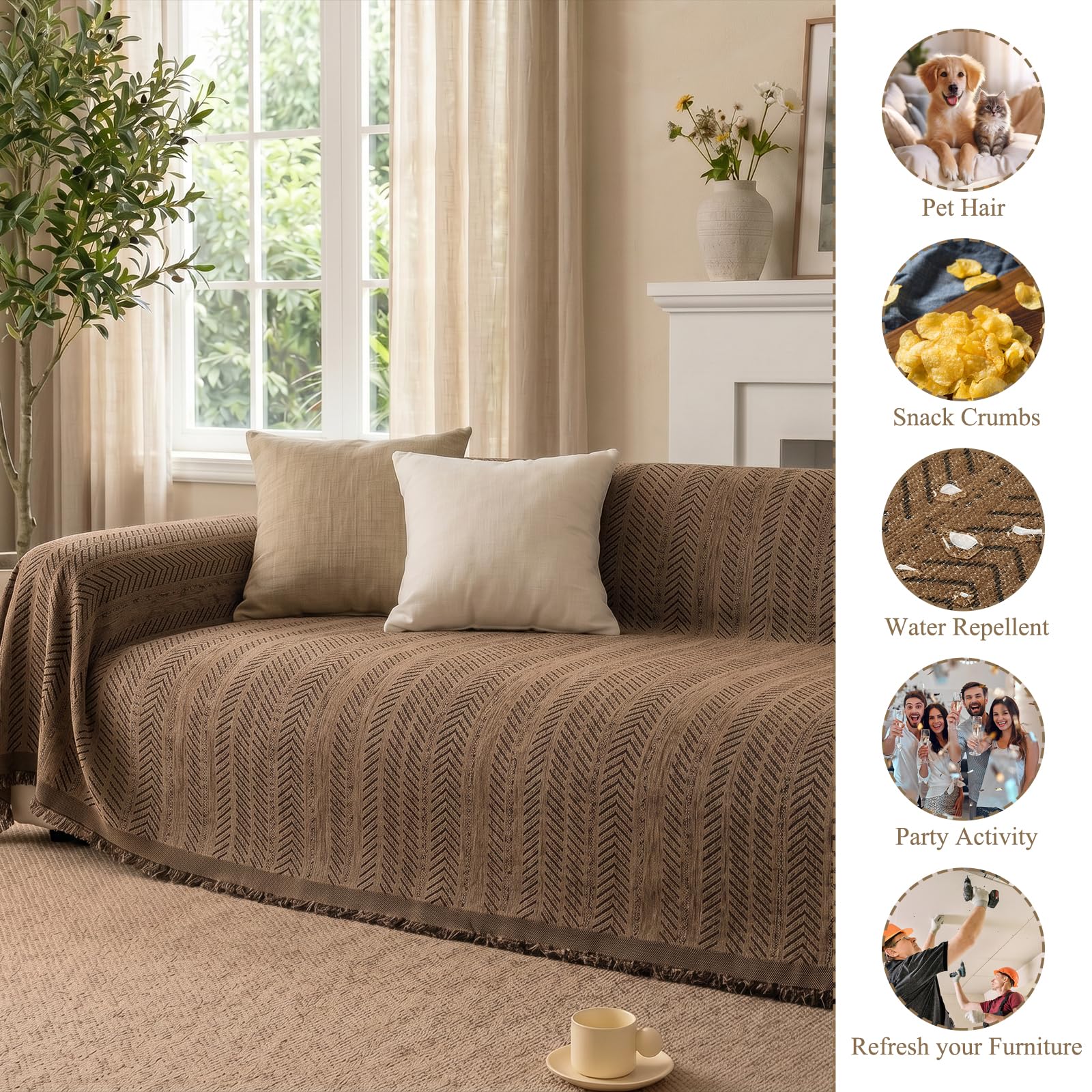 Homcomodar Sofa überzug 2 Sitzer Fischgrät Chenille mit Quasten Sofabezug l Form Wasserabweisend Waschbar Couch überzug Kratzschutz für Hunde Katzen Kinder Sofaüberwurf Braun 180x260 cm