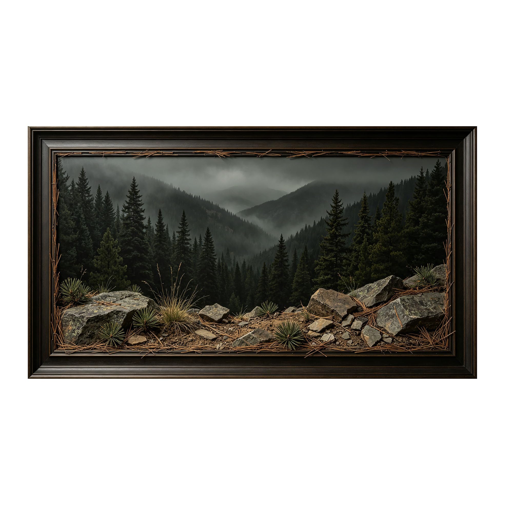 Yzpallescene 3D Framed Wall Art 50cm×100cm Misty Mountain Forest Landscape Panoramic Realistic Wilderness Large Size SelfAdhesive Removable Wall Decor Prints Artwork for Living Room Bedroom Office