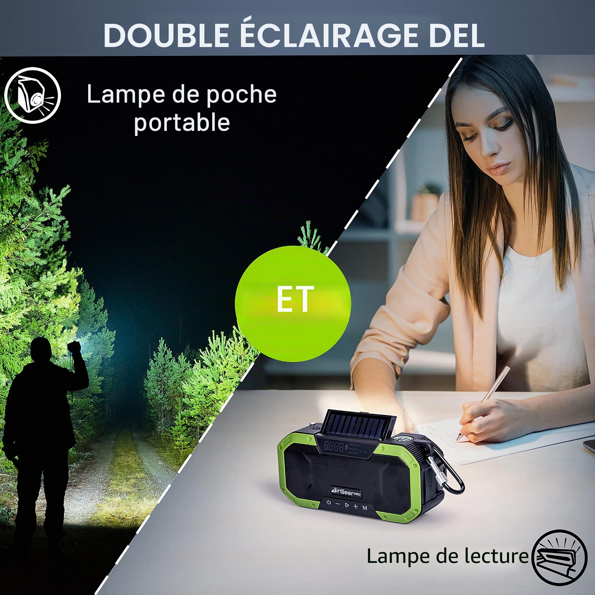AirGearPro Radio Dynamo Portable de Survie avec Batterie 5000mAh - Chargeur USB pour Smartphone - Lampe Torche, FM/AM - Radio Solaire à Manivelle…