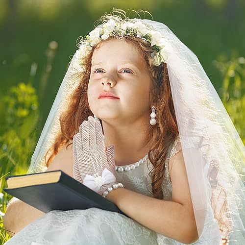 Miniatura 2 de Bencailor Juego de 5 piezas de velo de primera comunión para niñas, guantes de encaje con peine para el cabello, collar de perlas y aretes