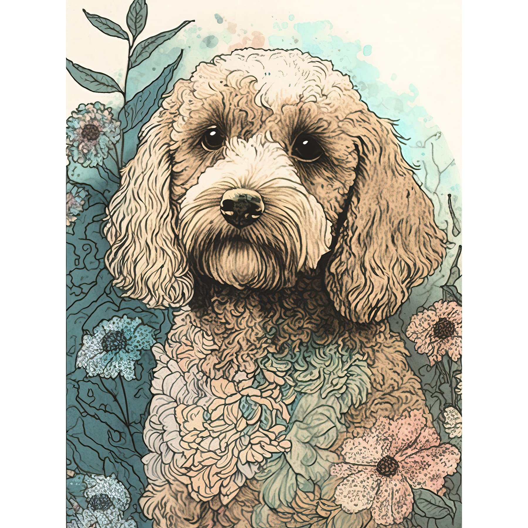 Artery8 Cockapoo Dog in Wildflower Field Pastel Watercolour Illustration Large Wall Art Poster Print Thick Paper 18X24 Inch
