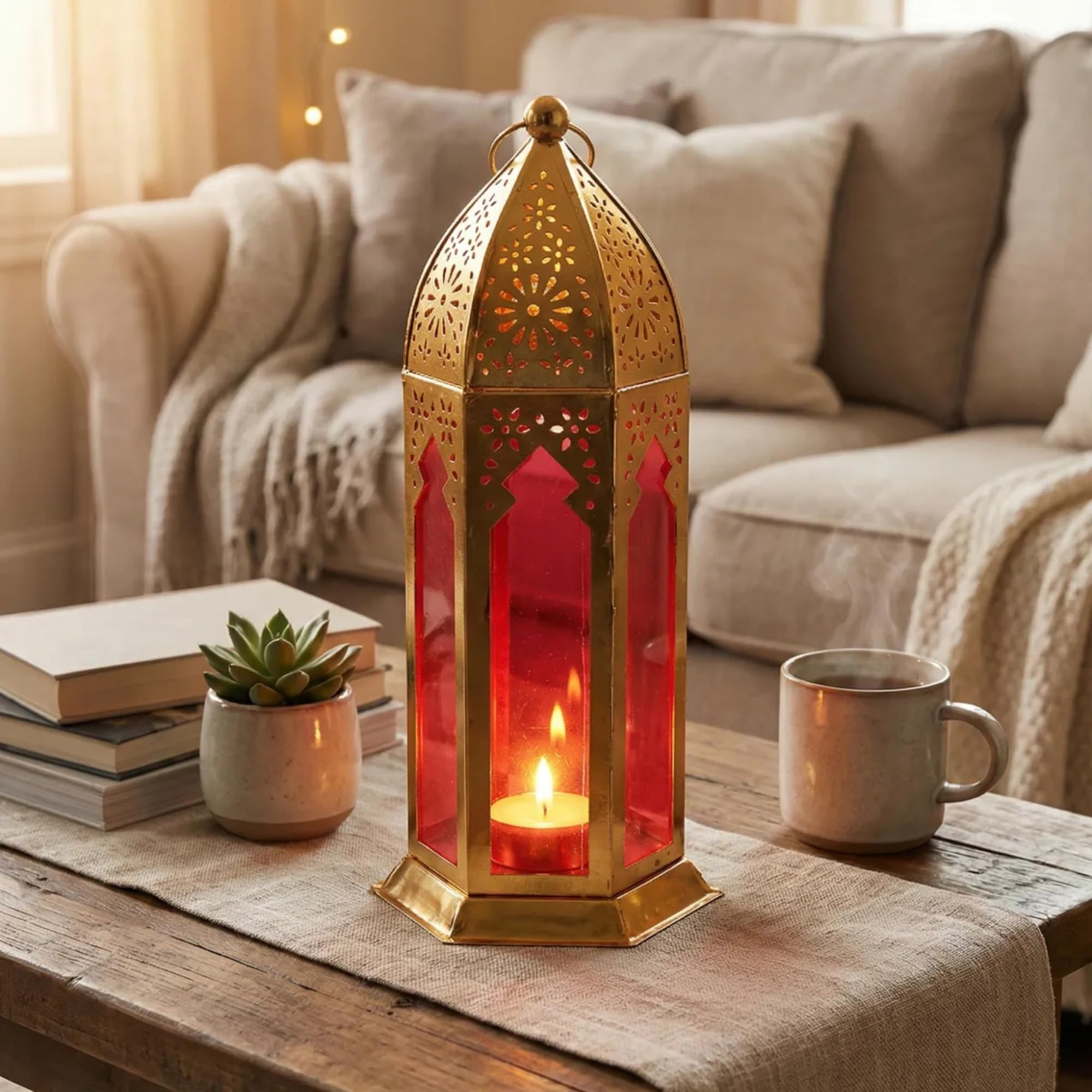 Decorative Metal Lantern Candle Holder | Moroccan Style Gold Hexagonal Lantern with Red Glass Panels | Pierced Floral Design | Table & Hanging Home Decor for Diwali, Ramadan & Festive Use (Medium)