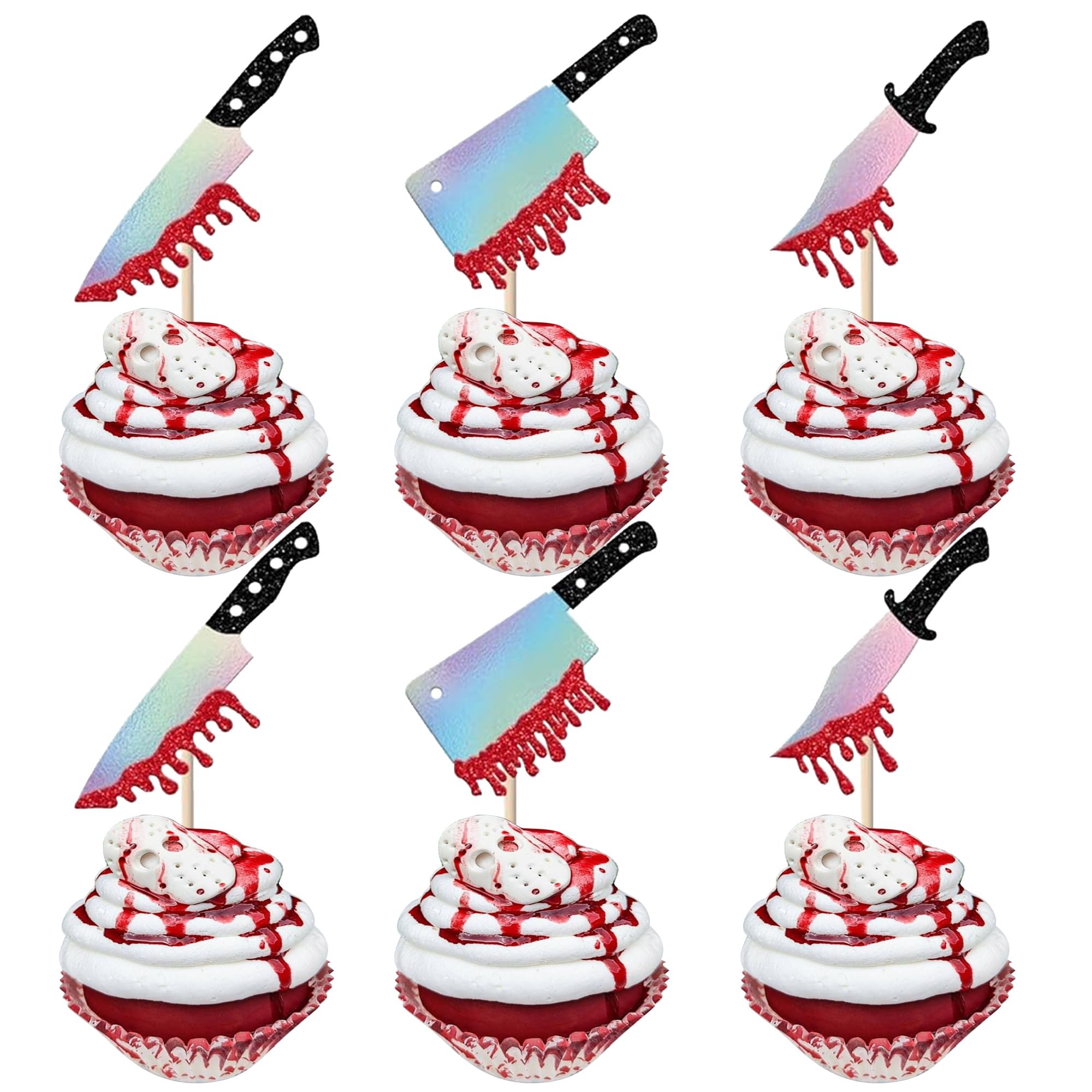 SYKYCTCY 30 Pack Halloween Knife Cupcake Toppers Glitter Scary Bloody Knife Cupcake Picks Killer Birthday Cake Decorations for Happy Halloween Theme Baby Shower Party Supplies