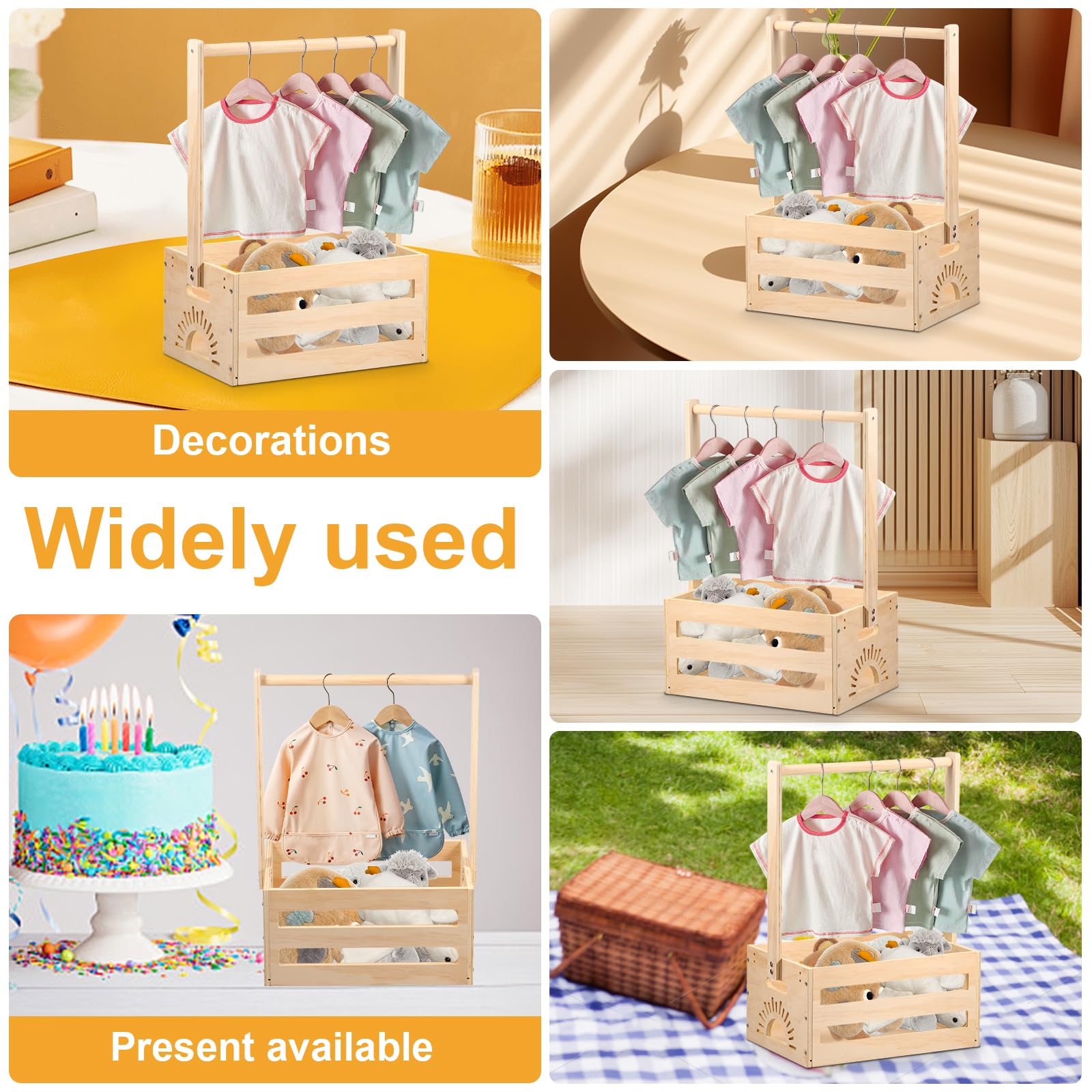 Cestino regalo in legno per baby shower con manico, cassa