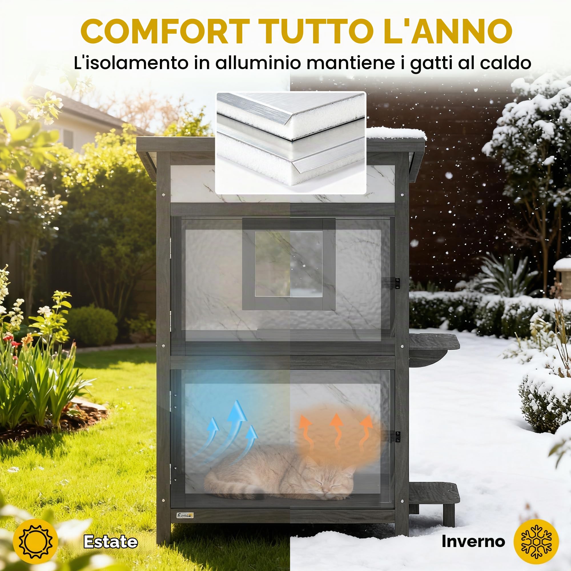 PawHut Casa gatto legno 2 piani esterna con finestra bianco 60x60x88cm | Più porte, casa isolata, tetto impermeabile, cuccia esterna, cassa gatto