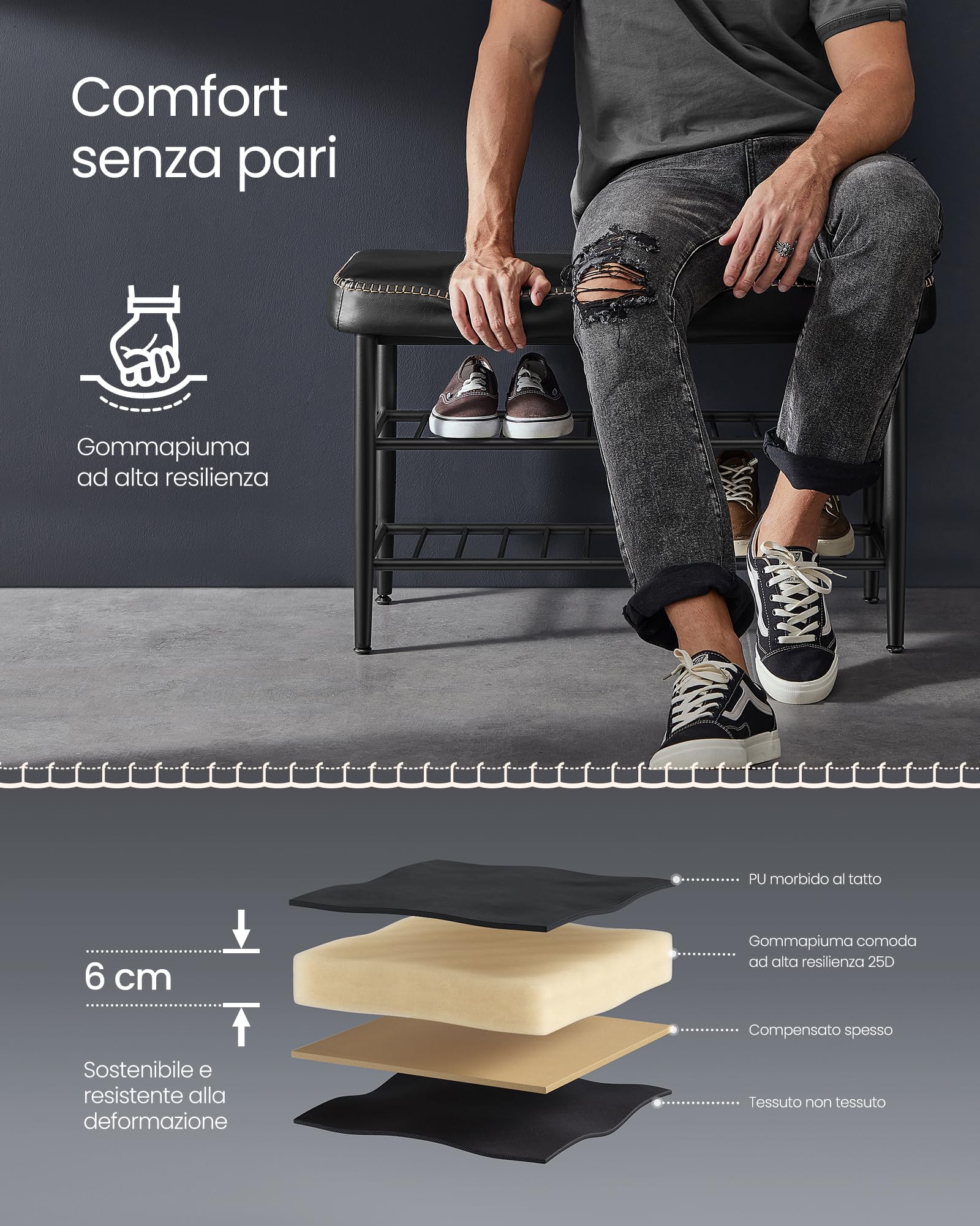 VASAGLE EKHO Collezione - Panca Scarpiera, Panca da Ingresso e Camera da Letto, Rivestimento in PU con Cuciture, Moderno di MetàSecolo, Portata 135 kg, 30 x 80 x 50 cm, Nero Inchiostro LSB054B01