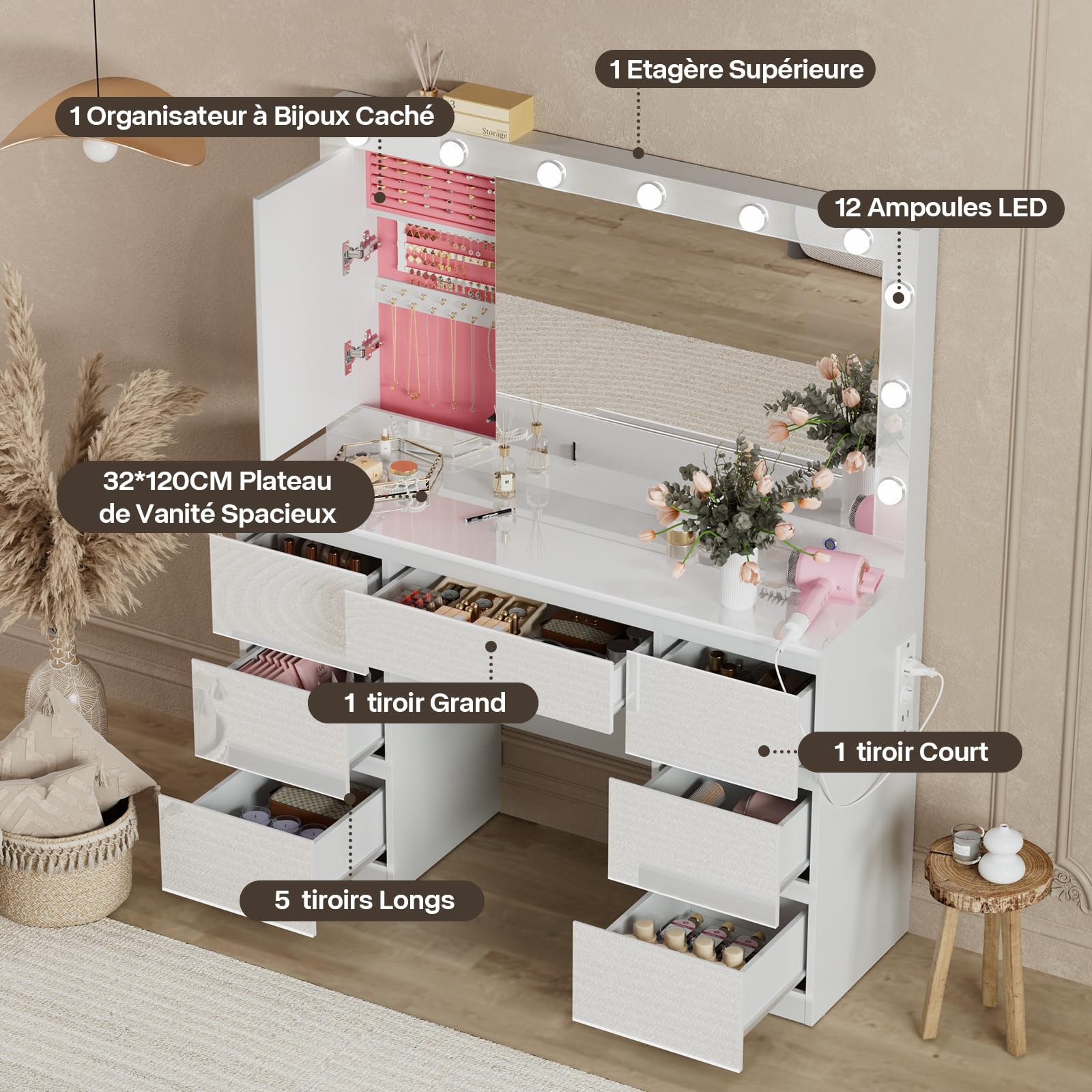 TRIUMPHKEY Coiffeuse Blanc Haute Brillance avec Grande Miroir et Multiprise, 12 Ampoules LED Réglables, Table de Maquillage avec 7 Tiroirs, Rangement de Bijoux, 120x40x140cm Grande Commode Moderne