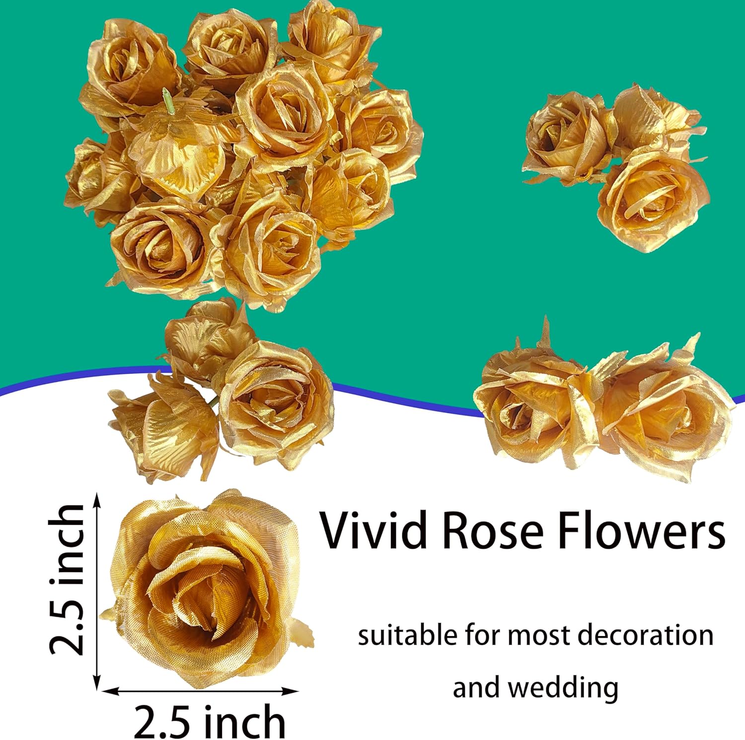 Fake Flower Heads for Craft,2.5'' Gold Rose Heads Artificial Flowers,54 Pcs Silk Rose Heads Bulk,Satin Rose Heads with Stems for DIY Flower Well,Crafts Bouquest(54, Gold)
