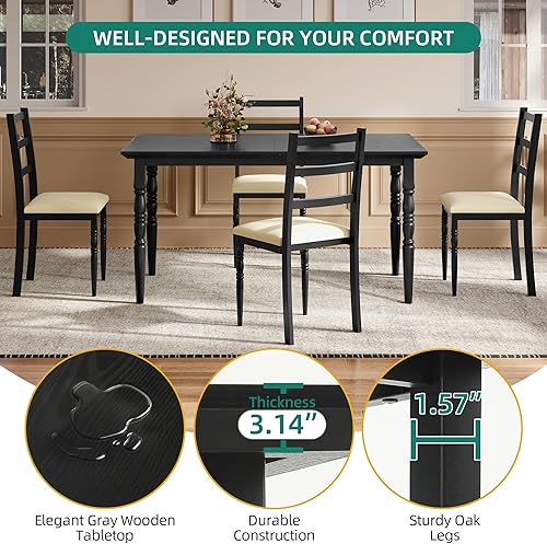 Miniatura 3 de YITAHOME Juego de mesa de comedor de 5 piezas para 4, mesa de comedor de estilo granja con sillas, tapizada en cuero sintético, juego de mesa de