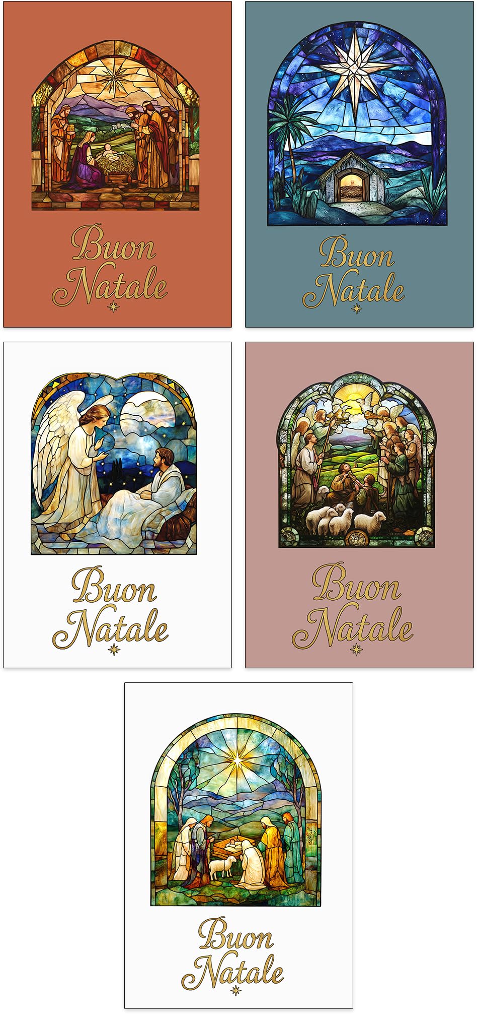 Set di 30 Biglietti di Natale Religiosi A6 con Vetrate 10 Design Cristiani Buste Bianche