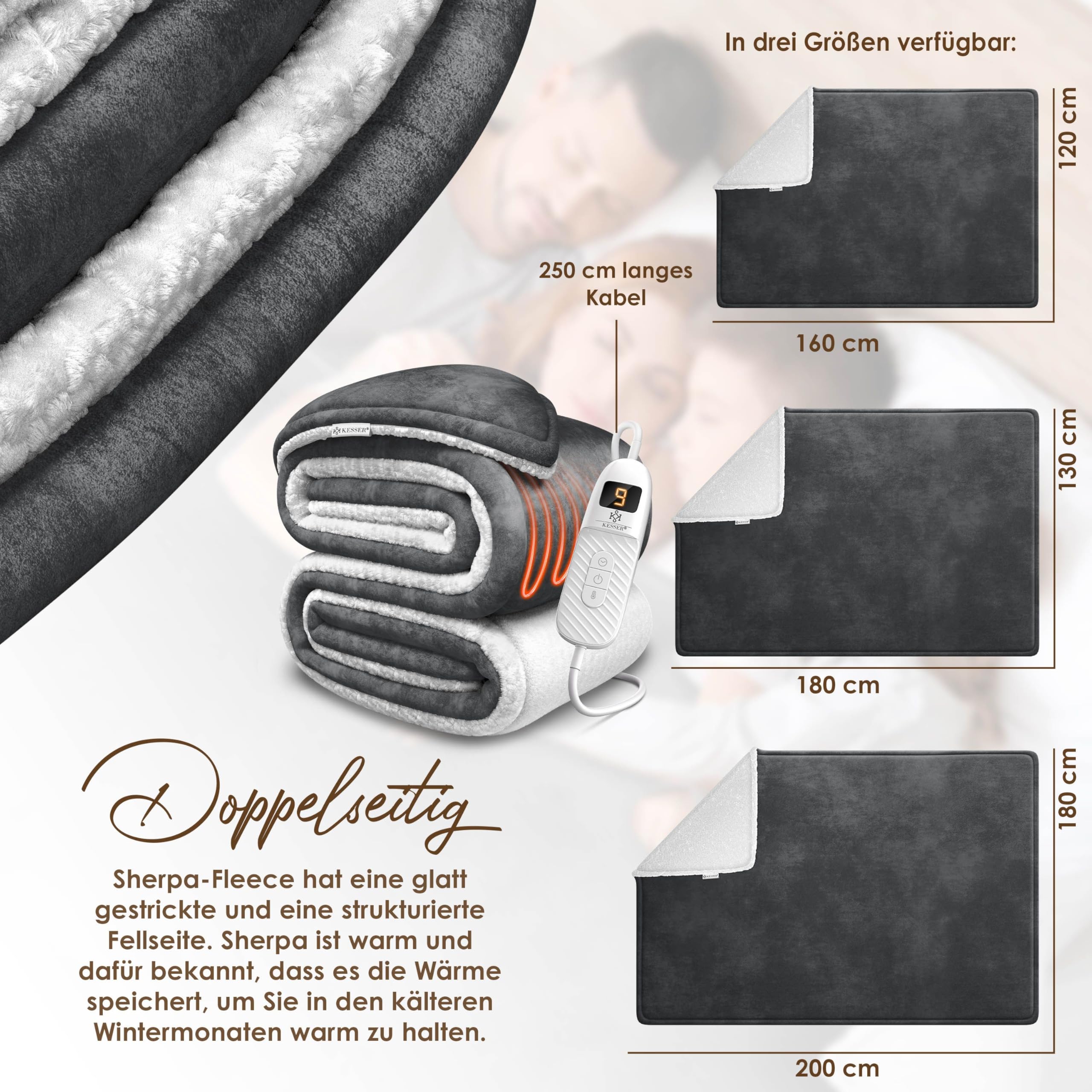 KESSER® Heizdecke mit Abschaltautomatik 200x180cm Doppelseitig Elektrische Wärmedecke | Kuscheldecke Bett, Sofa | 9 Temperaturstufen | waschbar bis 40°C | mit Timer Digitalanzeige Anthrazit