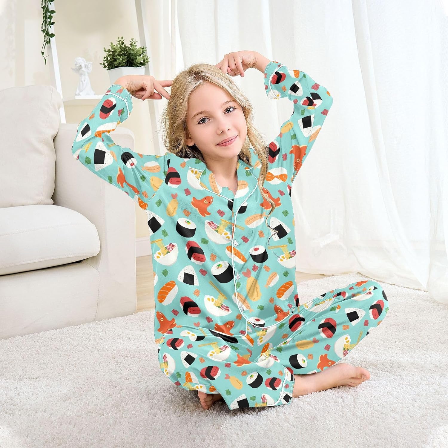 senya Delicious Sushi Dim Sum Satin Pajama Sets Long Sleeves Nightwear Button Down Sleepwear