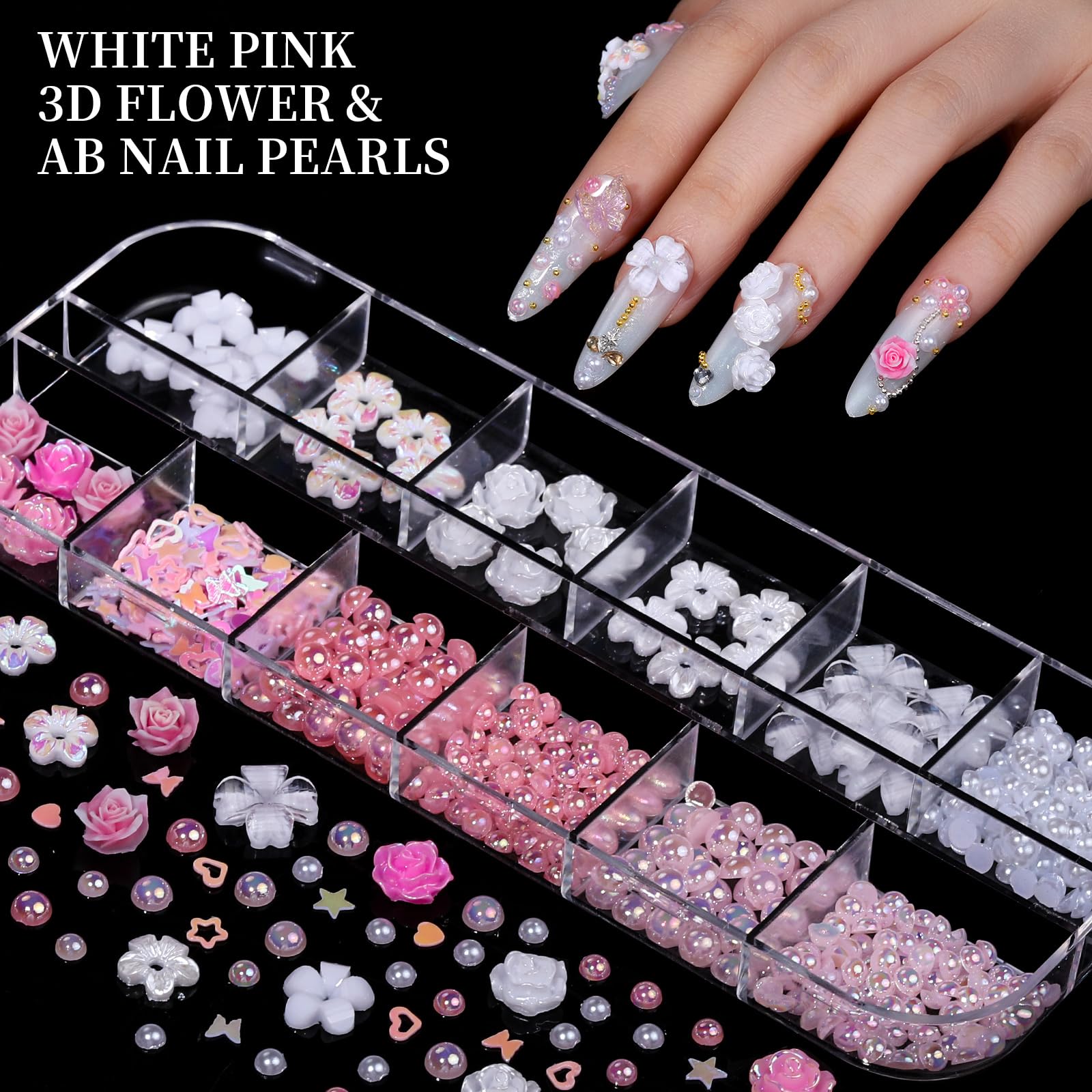 Dijes para uñas, kit de diamantes de imitación para uñas con 8 cajas de gemas para uñas, dijes 3D para uñas, diamantes de imitación transparentes de colores planos, cristales de uñas 4