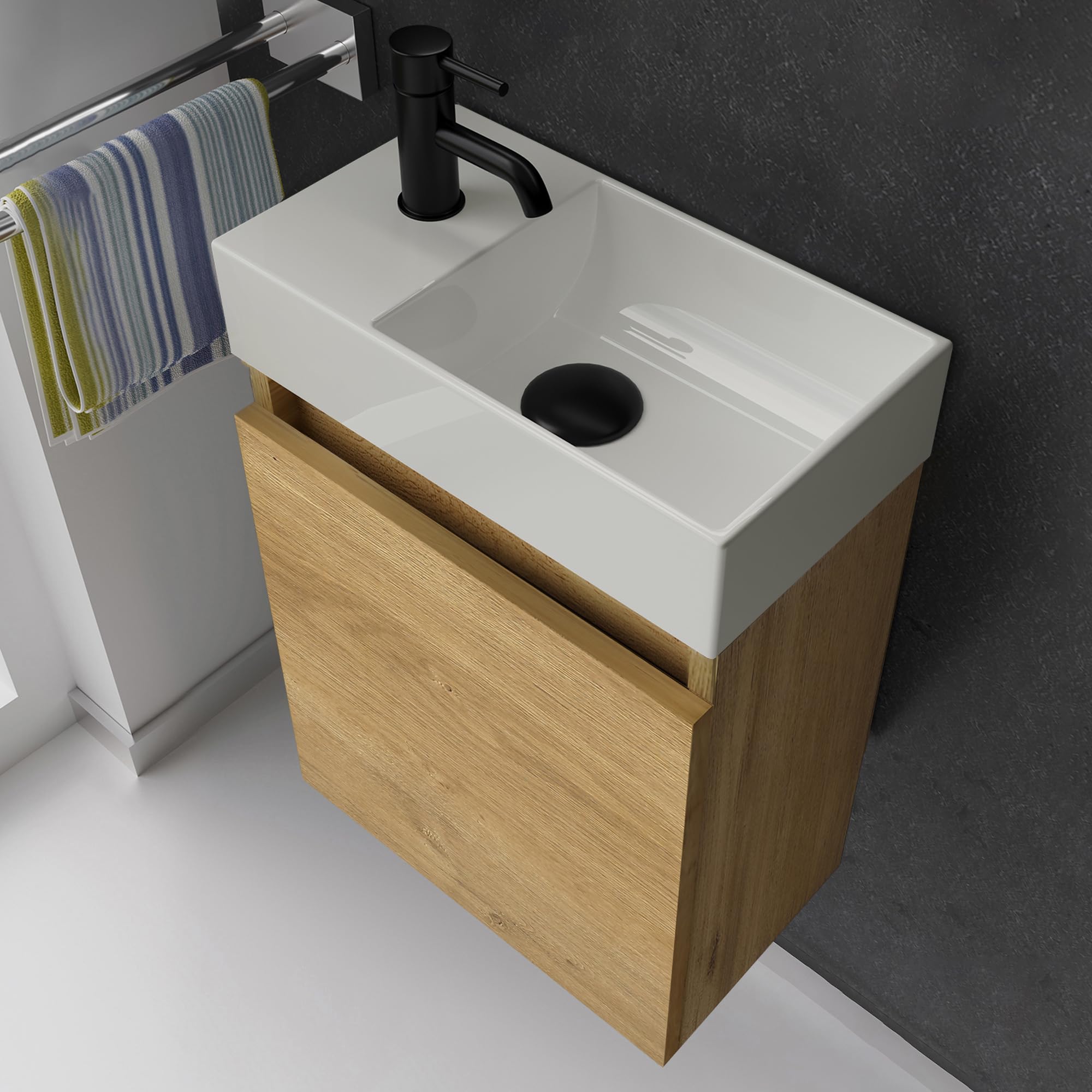 Alpenberger Gäste WC Waschbecken mit Unterschrank 45 cm | Badezimmerschrank Schmal | Badmöbel Set Waschplätze für Kleine Bäder | Waschbeckenunterschrank (Eiche Natur, Waschbecken - Rechte Seite)