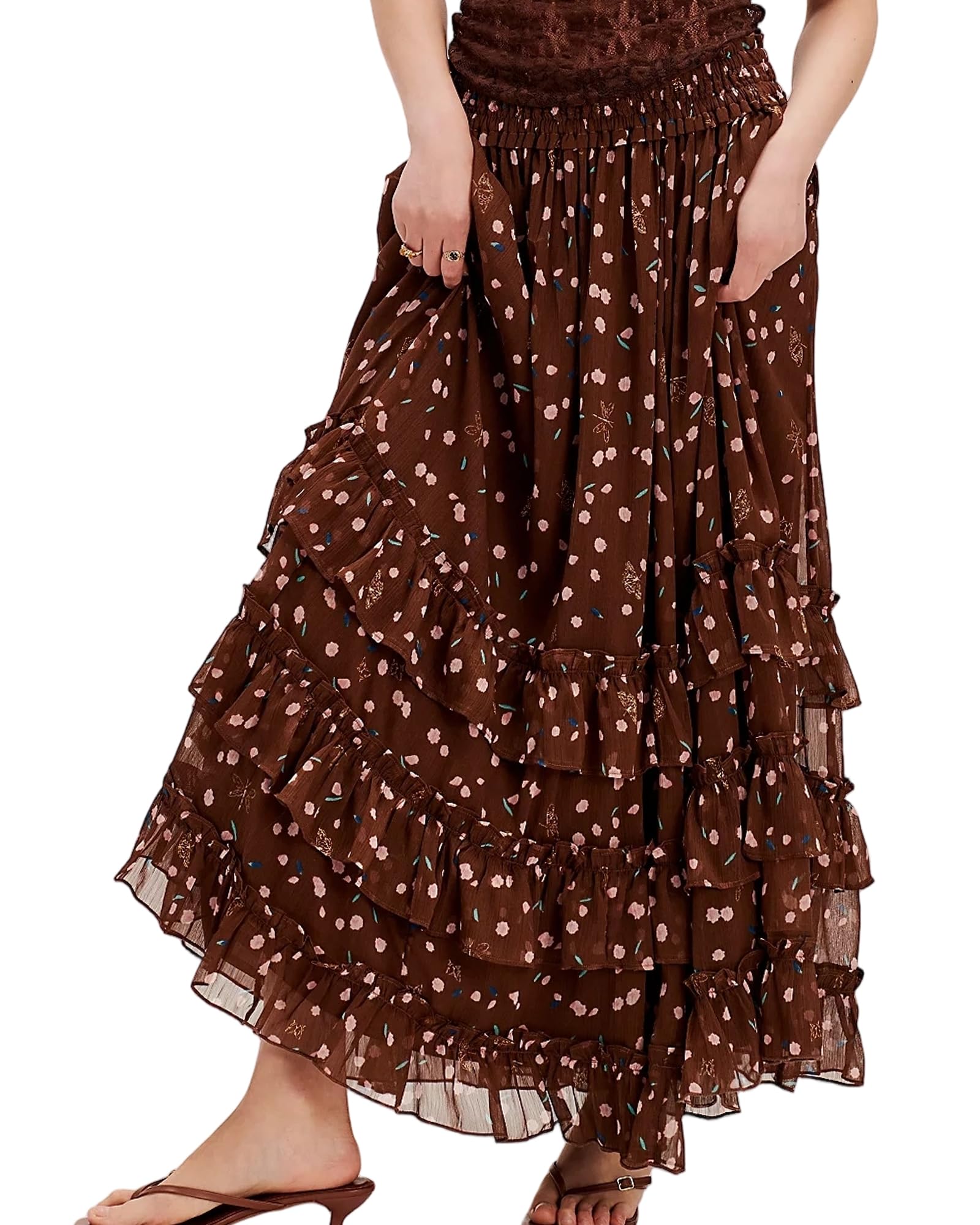 Women's Casual Chiffon Elastic High Waist Long A-Line Flared Maxi Skirt for Beach Party Holiday