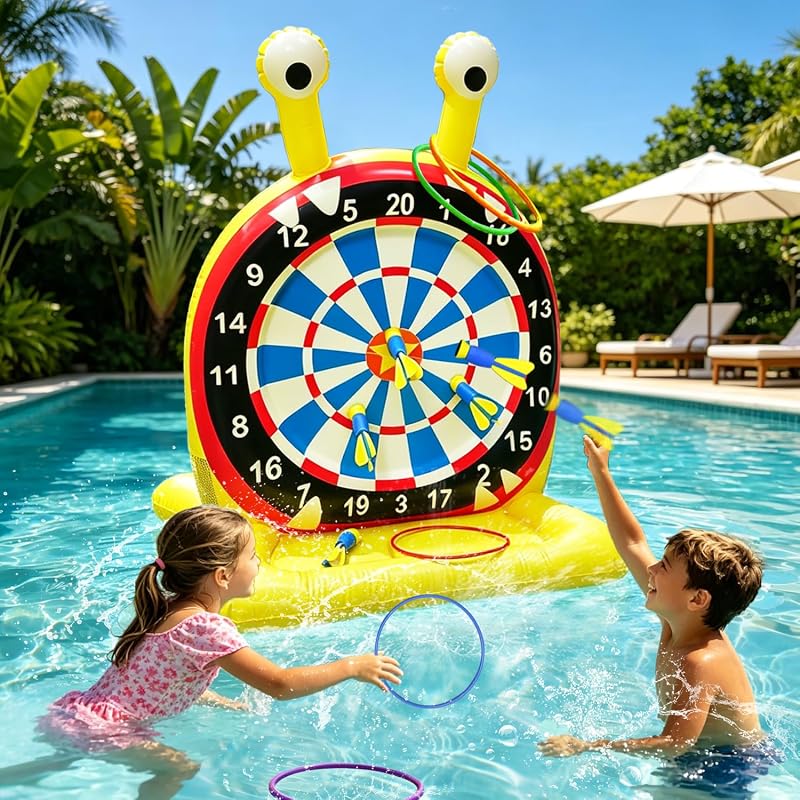 Juegos inflables de pileta con tablero de dardos de monstruo, flotadores de pileta, juego de agua para patio de playa, juguetes de pileta 2 en 1 con juegos de lanzamiento y lanzamiento de anillos, juguetes acuáticos de verano para niños, adolescentes y adultos
