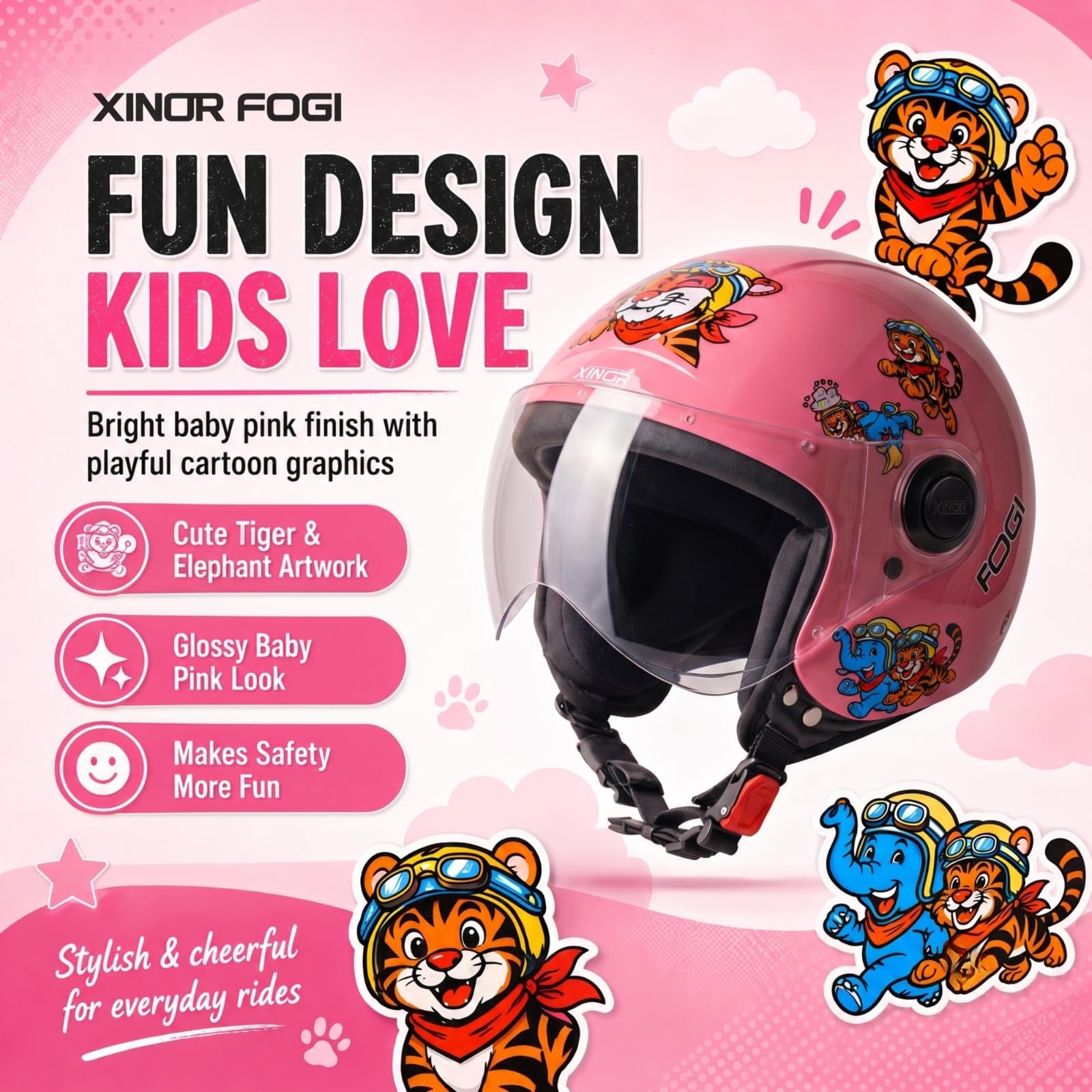 Kids Motorcycle Helmet by Xinor Fogi ISI Certified Ages 6-14 Years with Design - XS (Baby Pink) 3