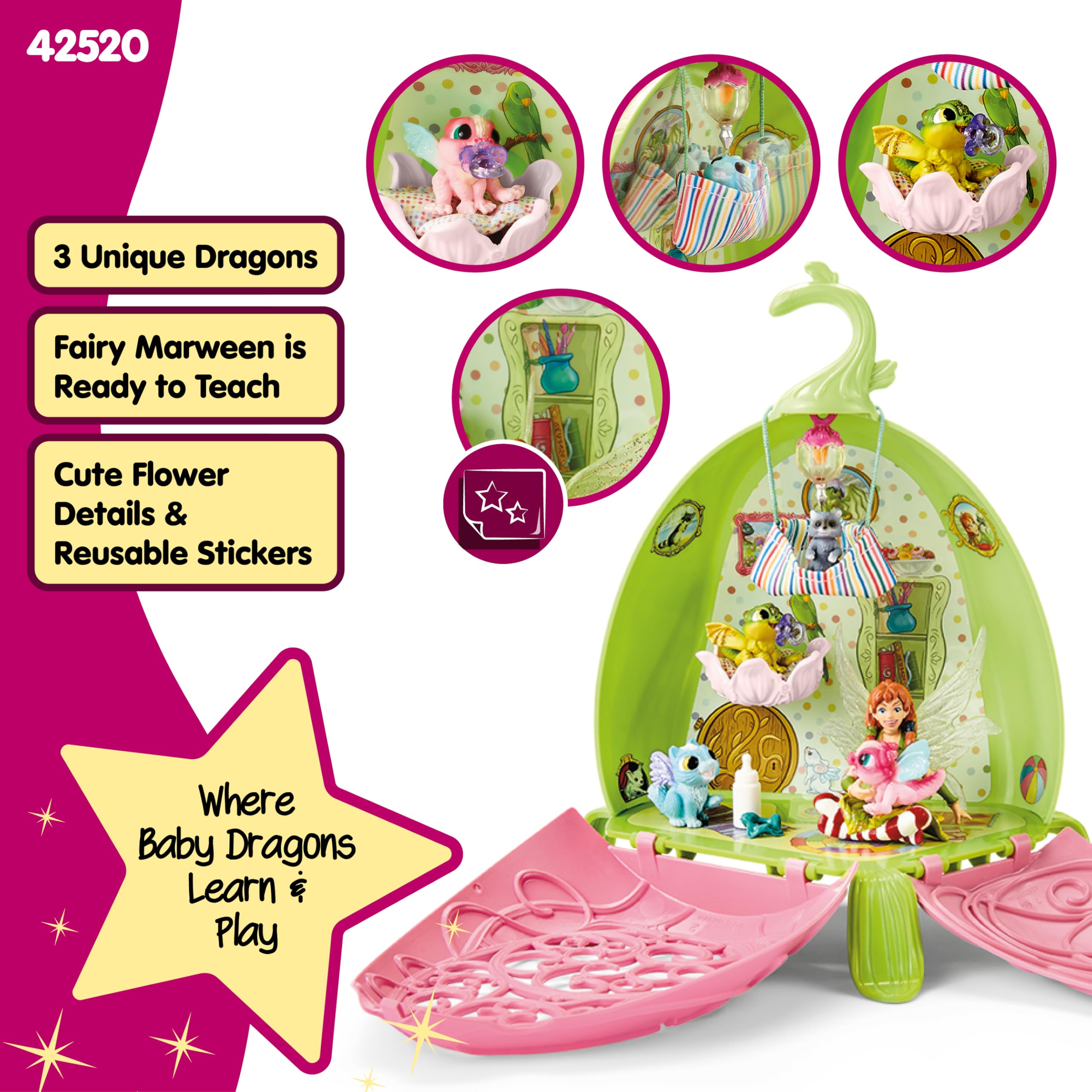 schleich BAYALA | Asilo magico di Marween 42520 | set con l’elfa Marween, 2 cuccioli di drago, gattino alato e procione | fiore richiudibile e trasportabile con accessori | dai 5 anni in su | 19 pezzi