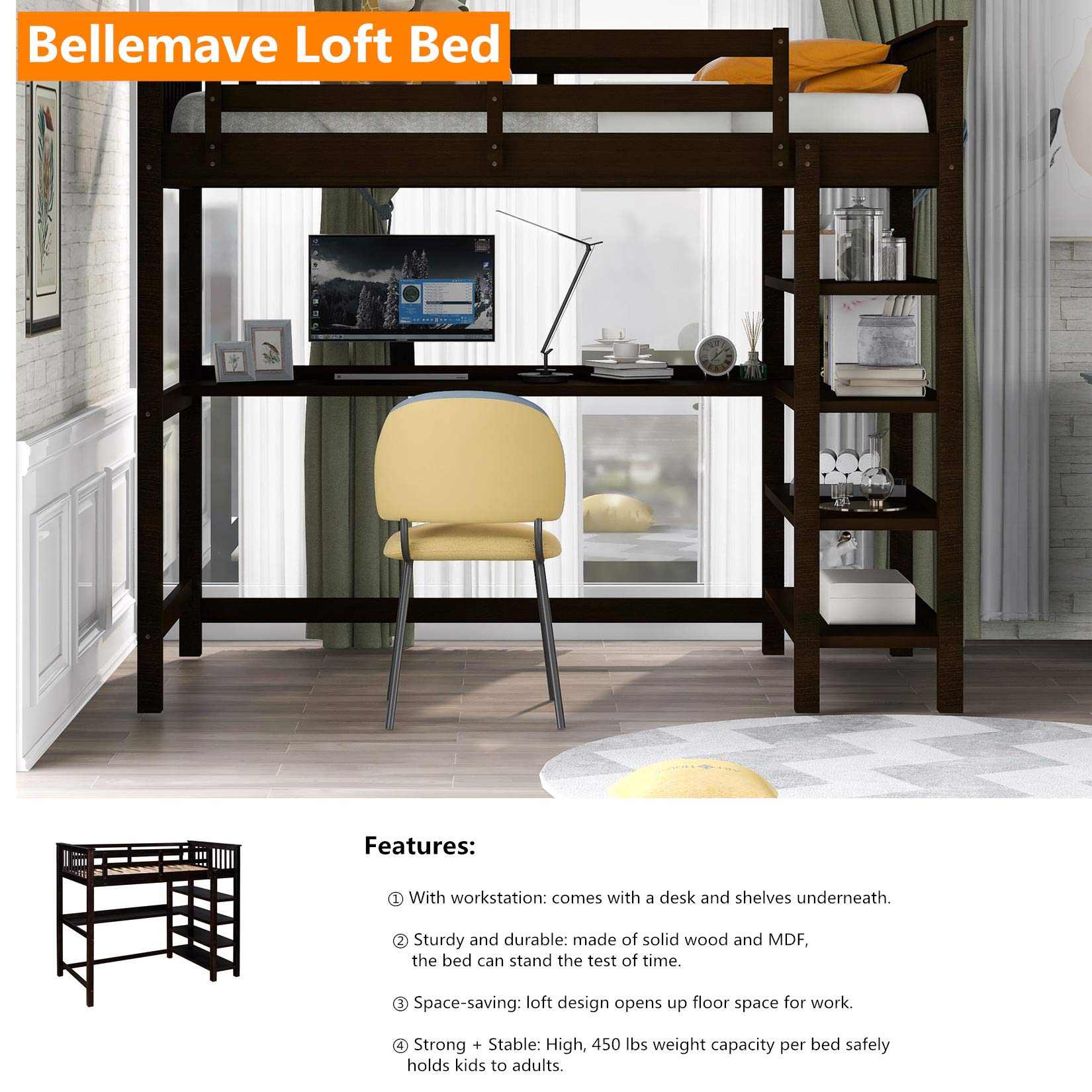 Full Loft Beds, Wood Loft Bed with Desk and Shelves, Wooden Full High Loft Bed with Bookcase for