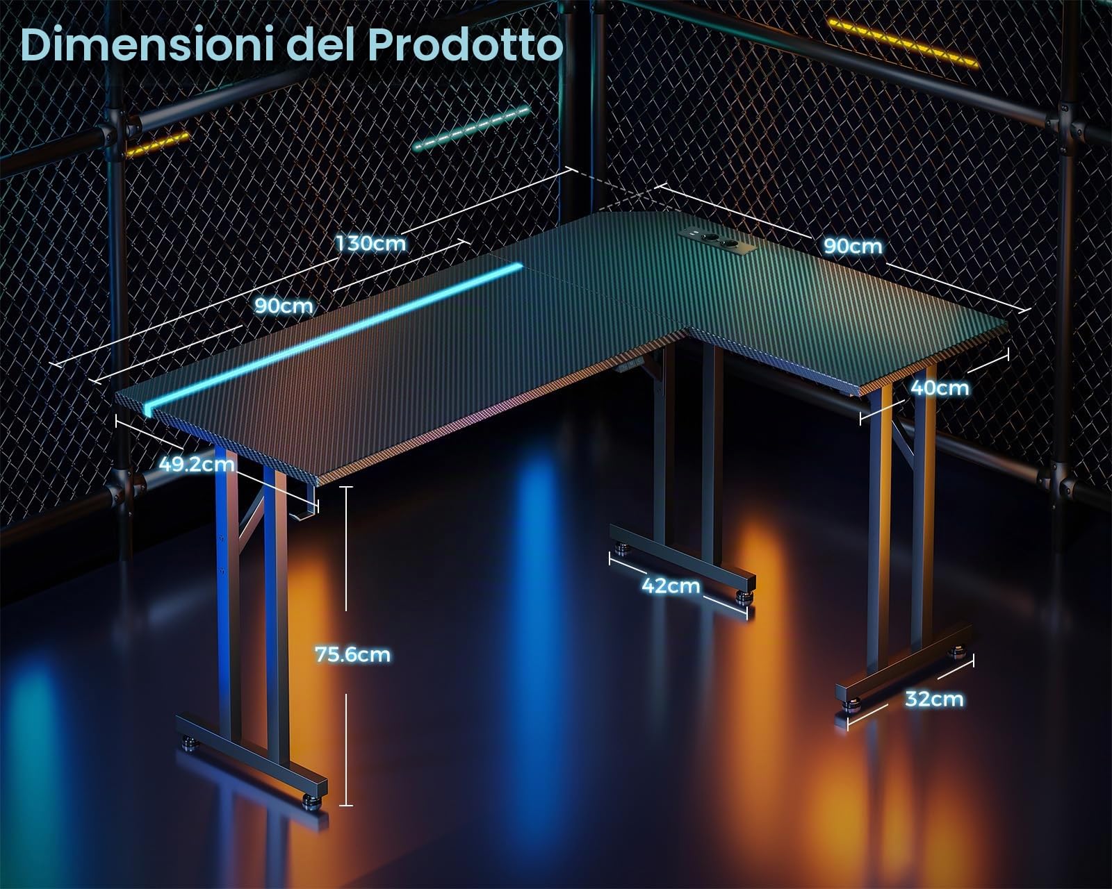 ODK Scrivania Gaming Led con Porta E presa Di USB, Postazione Gaming con Gancio per Cuffie, Tavolo Gamer con Piano Del Tavolo in Fibra di, Scrivania Gamer Angolare Carbonio Nera 130×90 cm