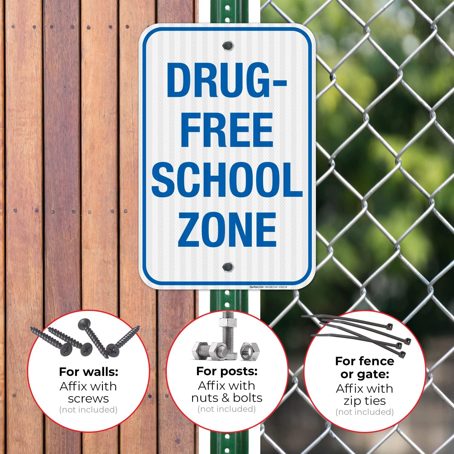 Drug Free Sign, School Zone Sign, 12x18 Inches, 3M EGP Reflective .063 Aluminum, Fade Resistant, Easy Mounting, Indoor/Outdoor Use, Made in USA