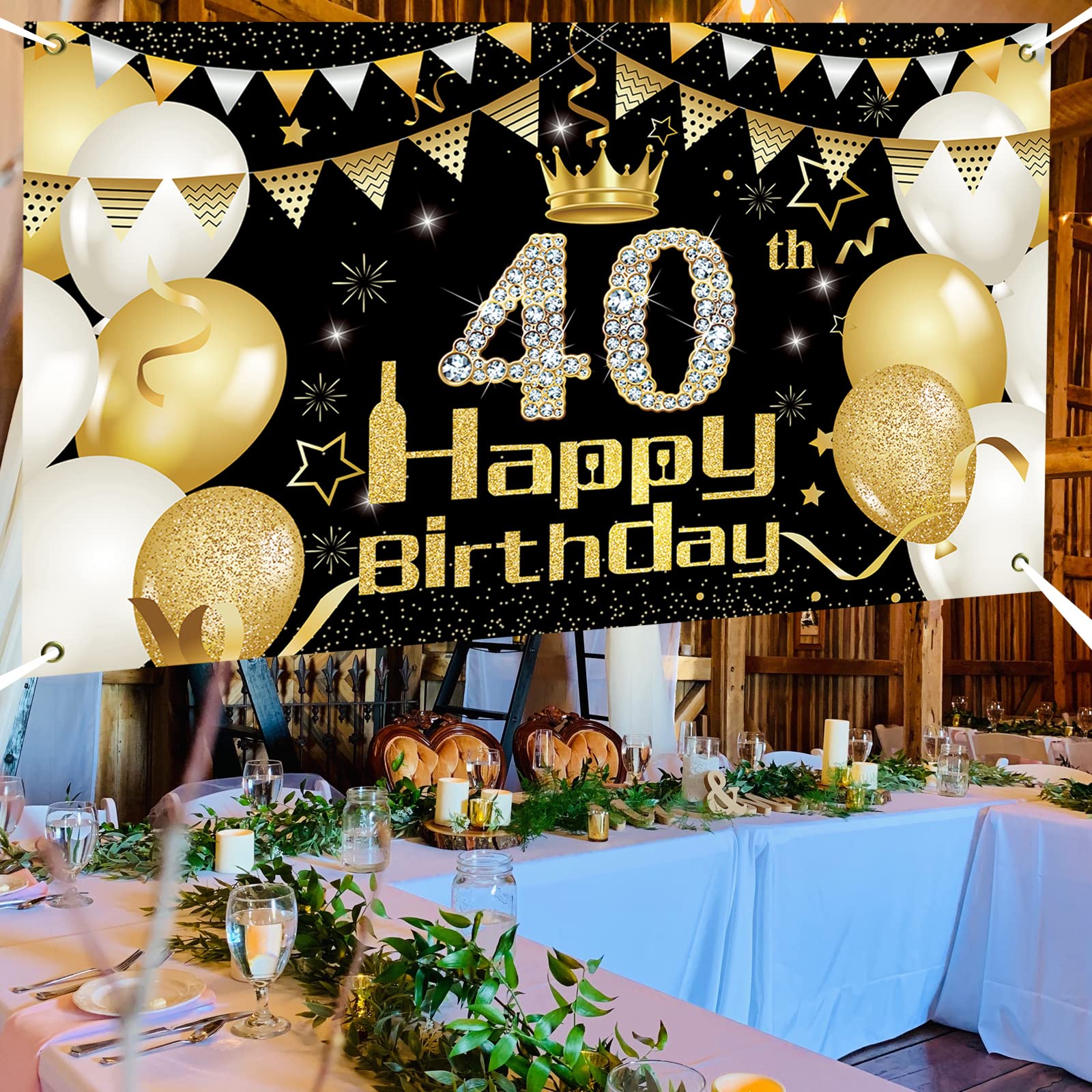 „Happy 40th Birthday“ Banner – Großes Hintergrund-Banner In Schwarz & Silber | Perfekt Für Geburtstagsfeiern & Fotos