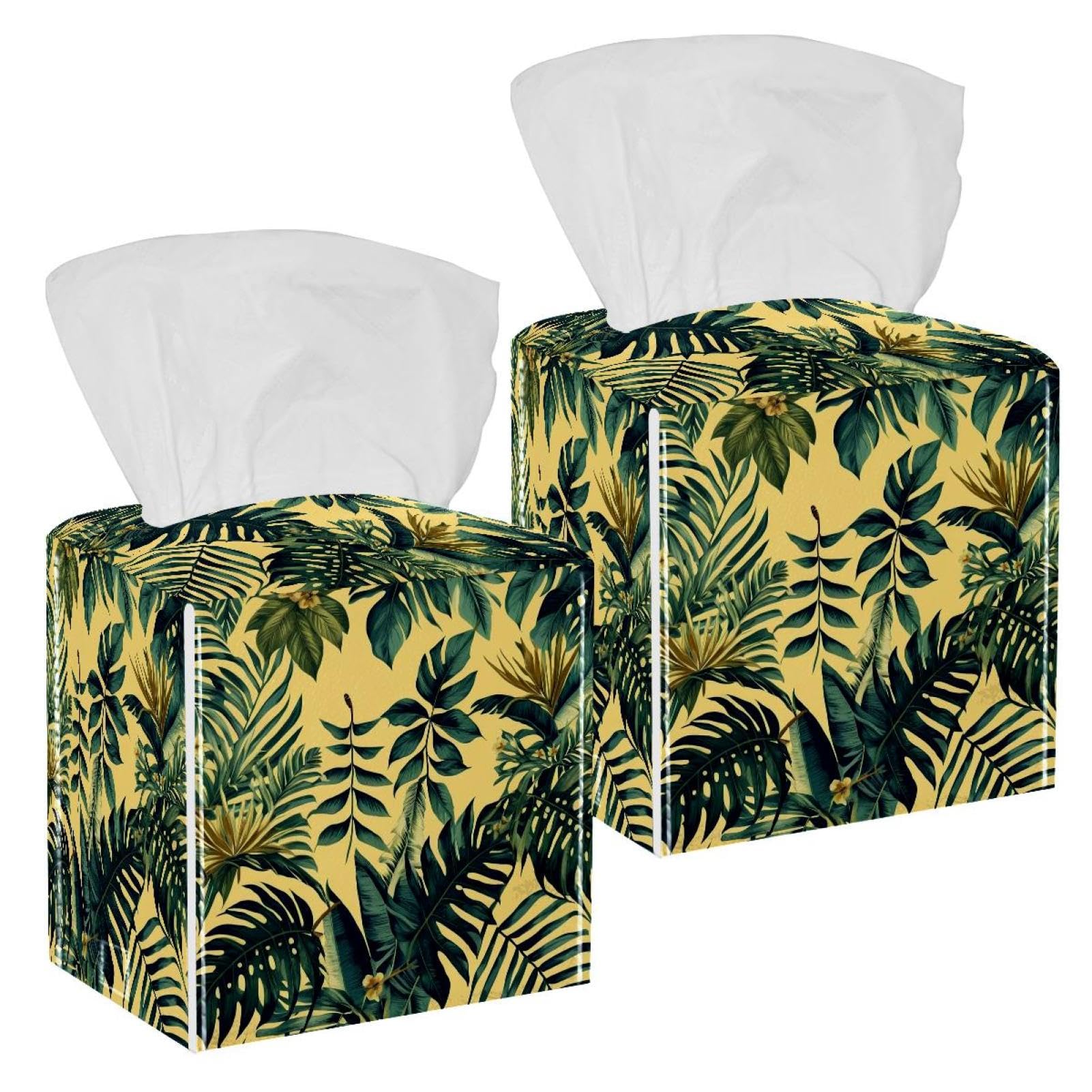 Tropical Palm Tissue Box Cover, 2 Pack PU Leather Square Facial Tissue Dispenser Box holder for Home Office Car