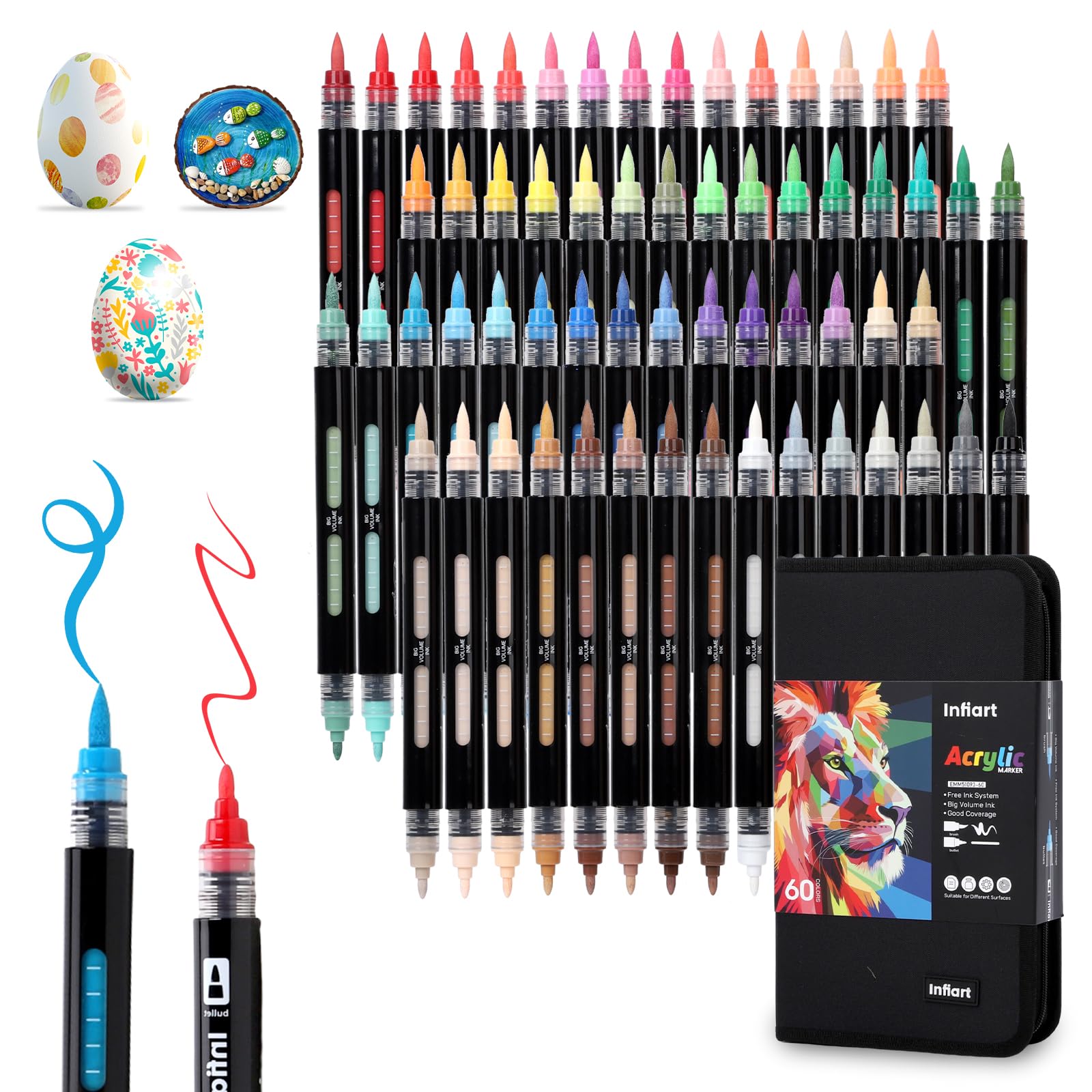 60 Colors Dual Tip Acrylic Paint Markers Automatic Ink Control Acrylic Paint Pens, Fine & Brush Tip Acrylic Markers Set for Rock Painting, Stone, Wood, Canvas, DIY & Art Supplies