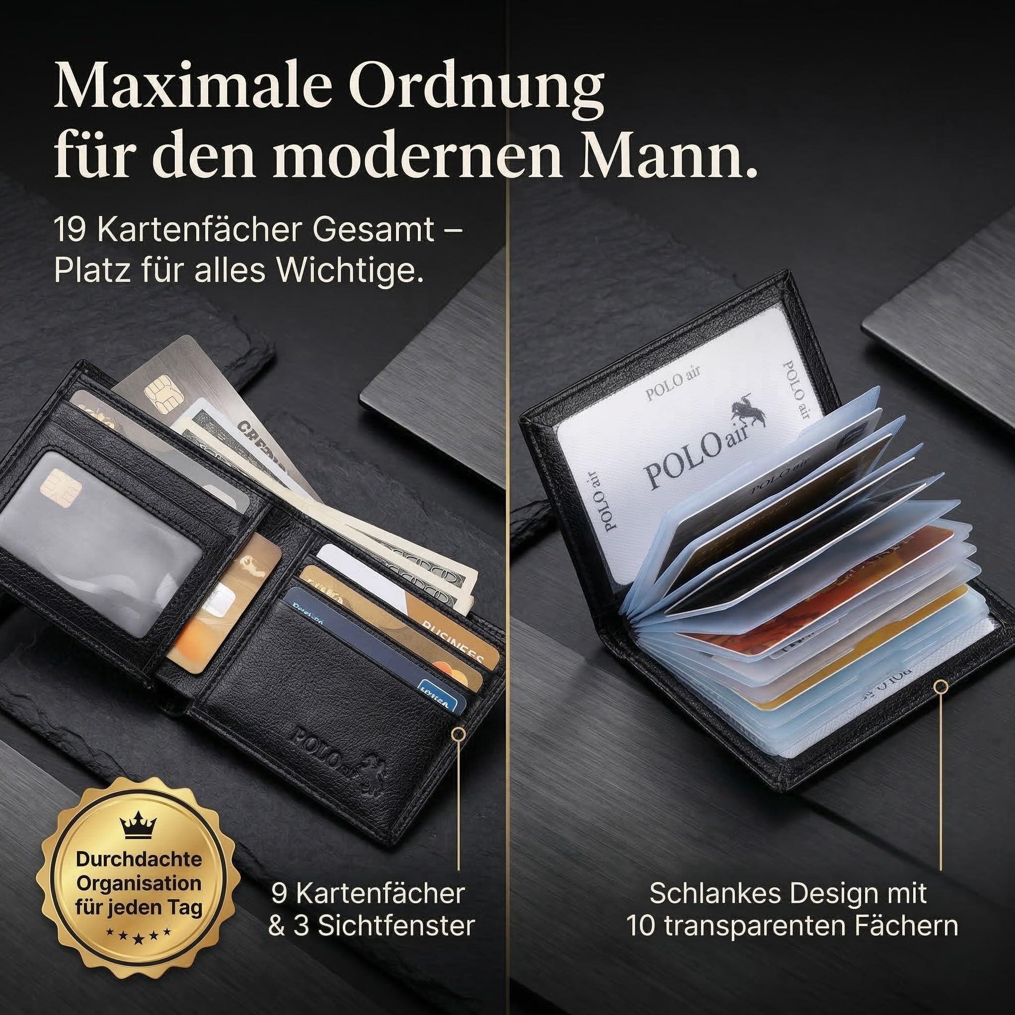 Polo Air Herren Geschenk-Set 4-Teilig mit Parfum Gürtel Geldbörse Kartenetui Schwarz Premium Geschenkbox