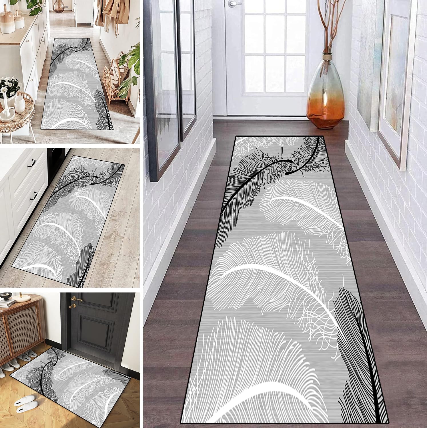 Tapis de couloir 120 x 550 cm plume noire et blanche antidérapant