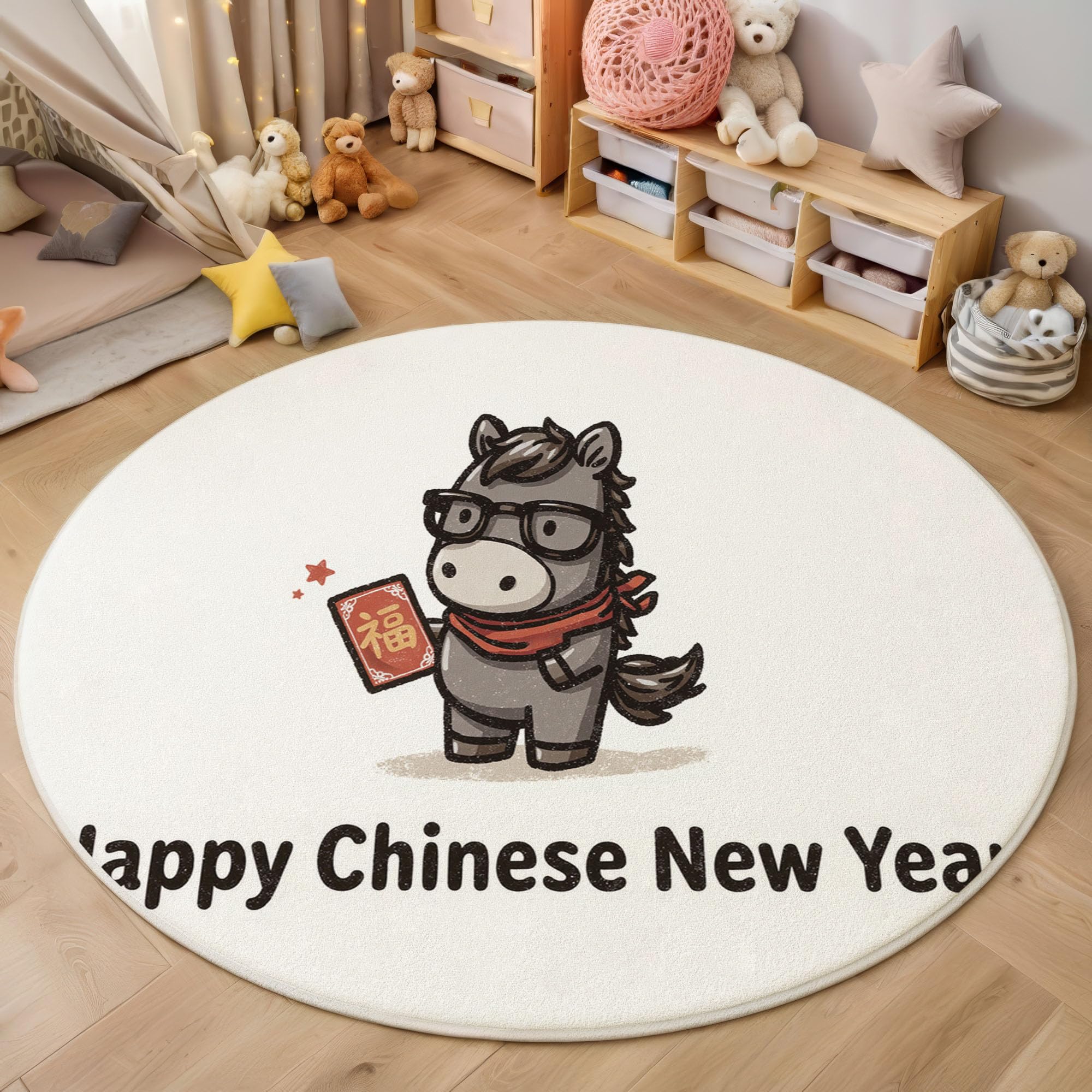 Tapis rond lavable et antidérapant 80cm motif cheval doux