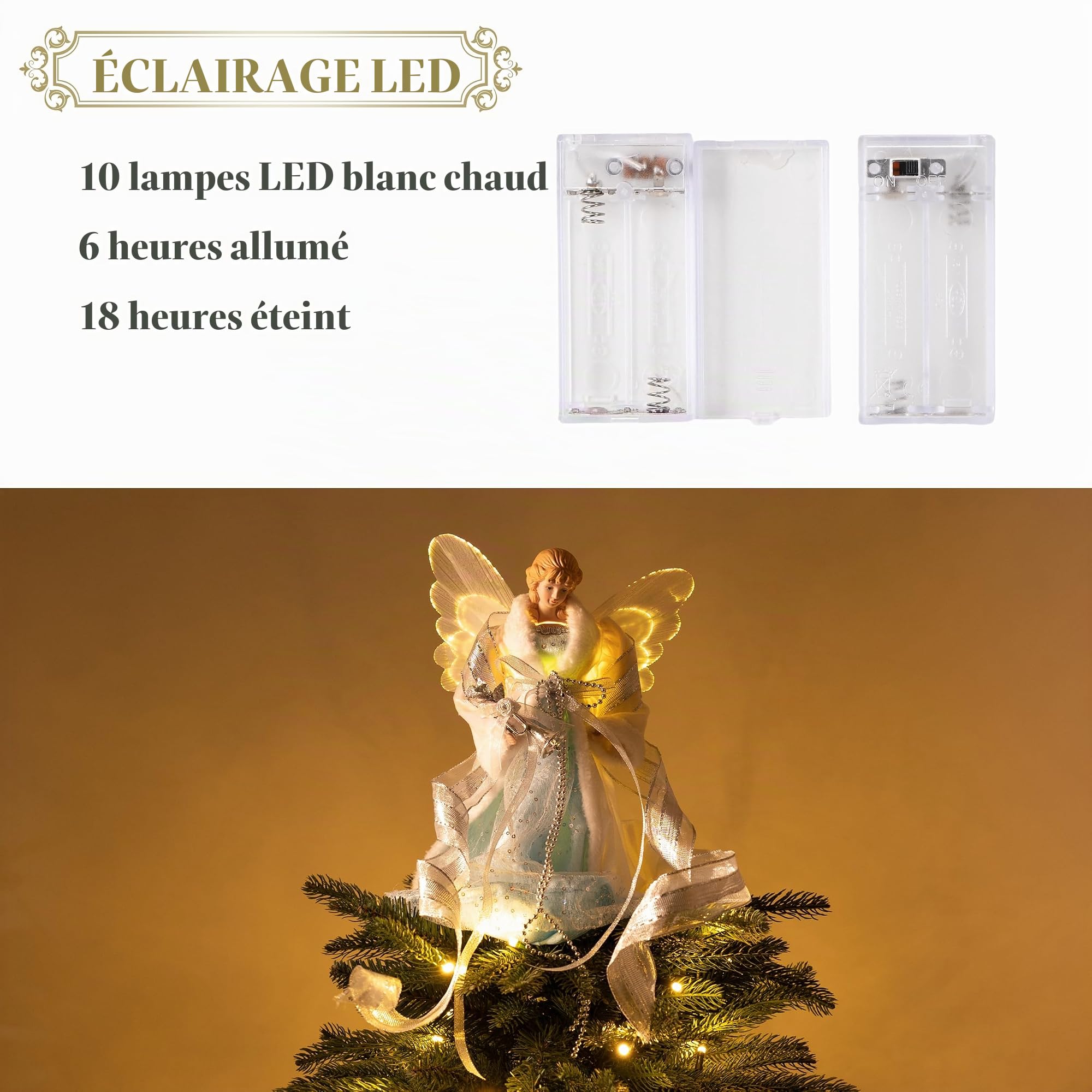 Valery Madelyn Décorations de Sapin de Noël avec Ange Bleu et Blanc,Pointe de Sapin de Noël en Forme d'ange Traditionnel,Cime de Sapin Noël avec 10 lumières LED, à Piles(Non Inclus) 31 cm