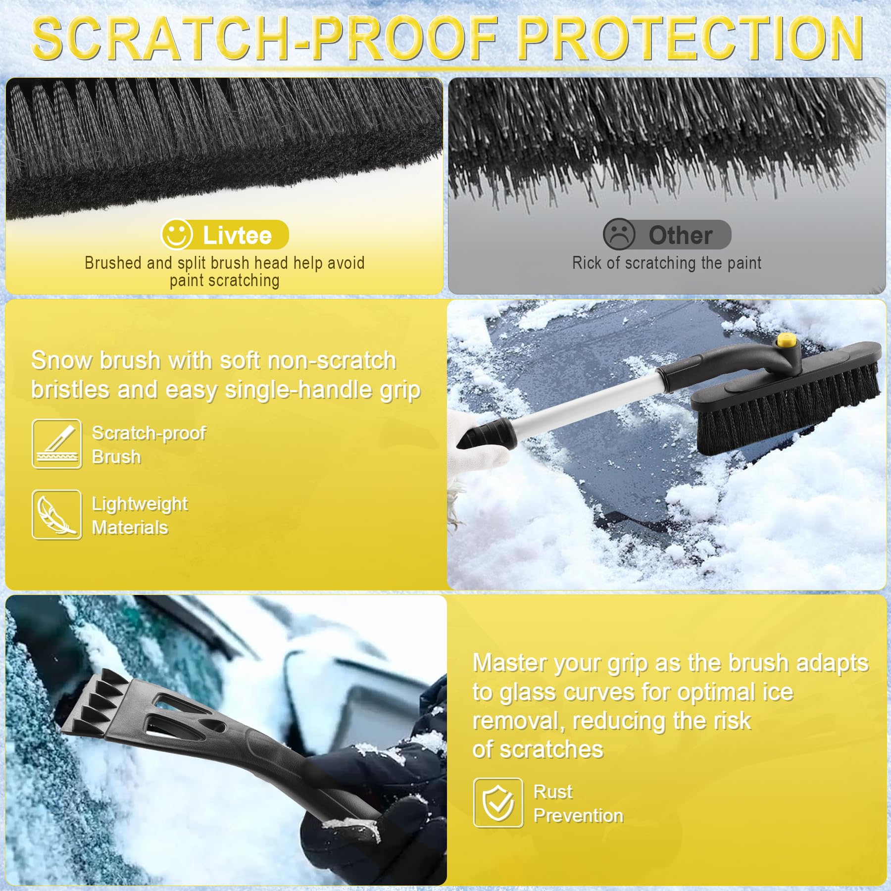 LivTee Rascador de hielo y cepillo de nieve para parabrisas de automóvil, herramienta extensible de 32 pulgadas para quitar nieve con cepillo giratorio de 360°, accesorios exteriores de automóviles y
