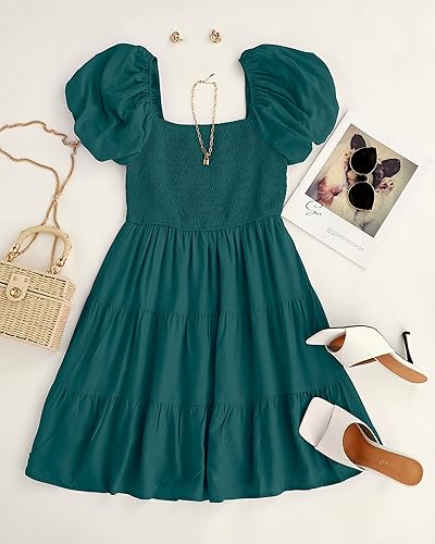 Miniatura 5 de ZESICA Mini vestido corto de verano bohemio 2026 con cuello cuadrado, manga abombada, hombros descubiertos, fruncido, escalonado, casual,