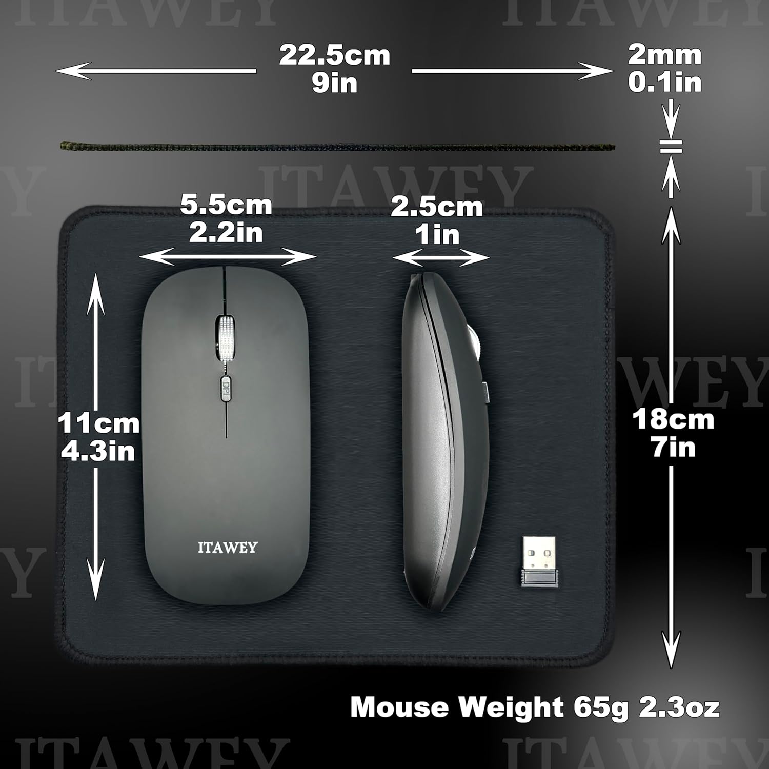 ITAWEY Wireless Mouse and Pad dimensions