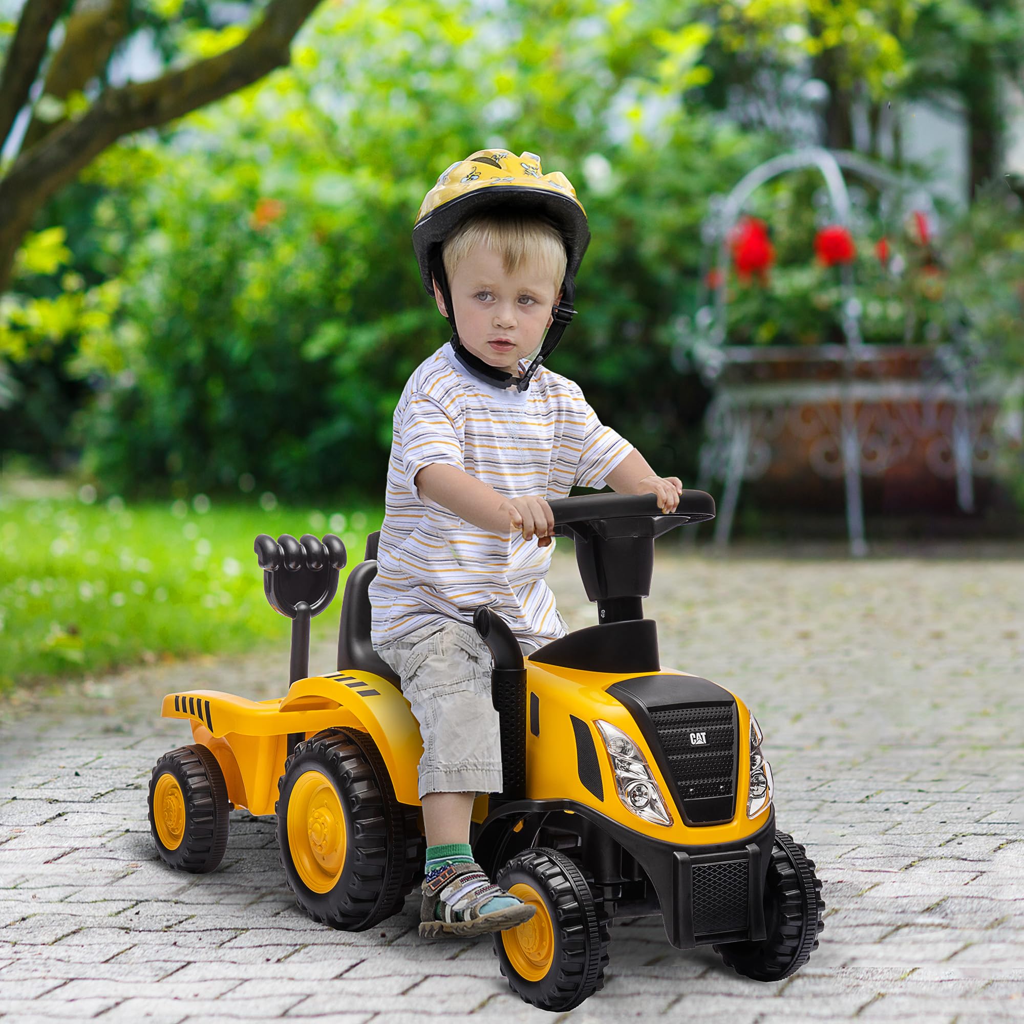 Qaba 2 in 1 Ride on Tractor for Kids, Caterpillar Licensed Ride on Excavator with Shovel & Detachable Trailer, No Power Ride on Push Car for 18-36 Months, Yellow