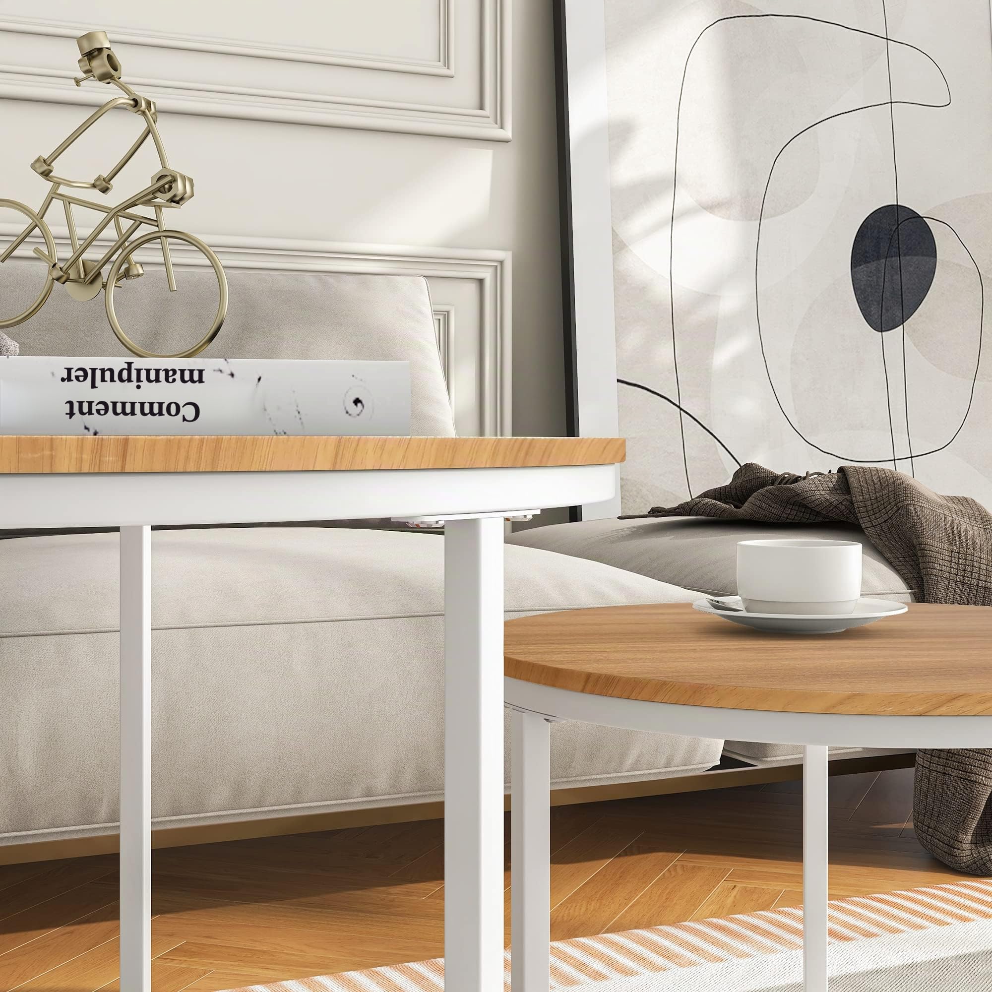 BOFENG – Lot de 2 tables basses gigognes rondes pour salon/chambre/petit espace (blanc + chêne)