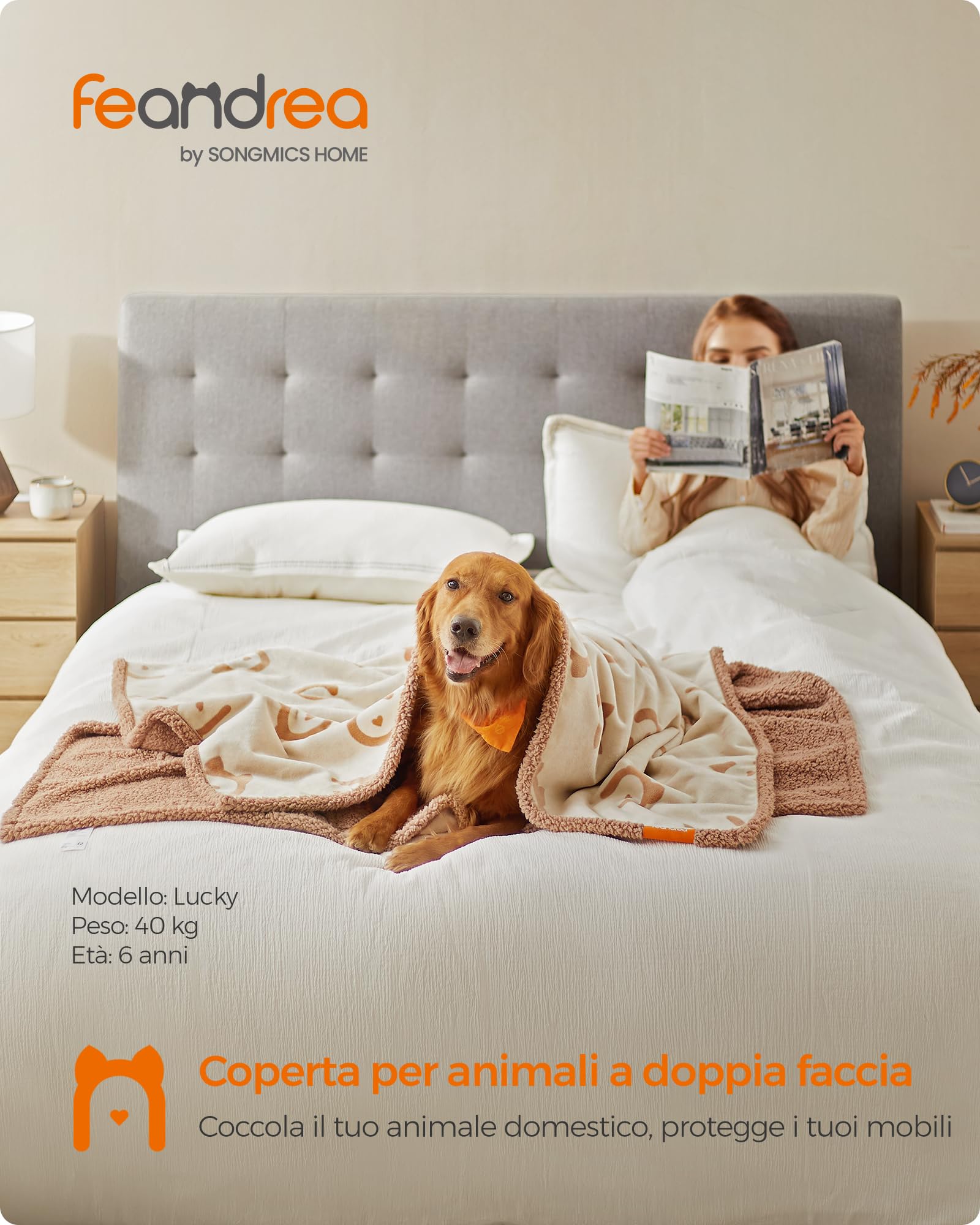 Feandrea Coperta Impermeabile per Cani, Coperta Animali Domestici in Sherpa per Cani di Grande Taglia, Gatti, 203 x 152 cm, XXL, Coprisedile Reversibile Lavabile in Lavatrice, Beige PPB080K01