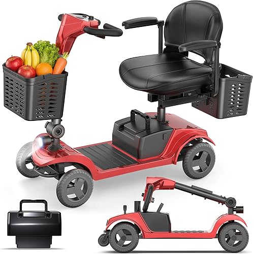 Foldable Mobility Scooter for Seniors and Adults, Heavy Duty Mobility Scooter with Removable Battery & Auto Brake - 300W, 15Miles Range, 300+ LBS Capacity, Swivel Seat, Dual Baskets, (Rose Red)