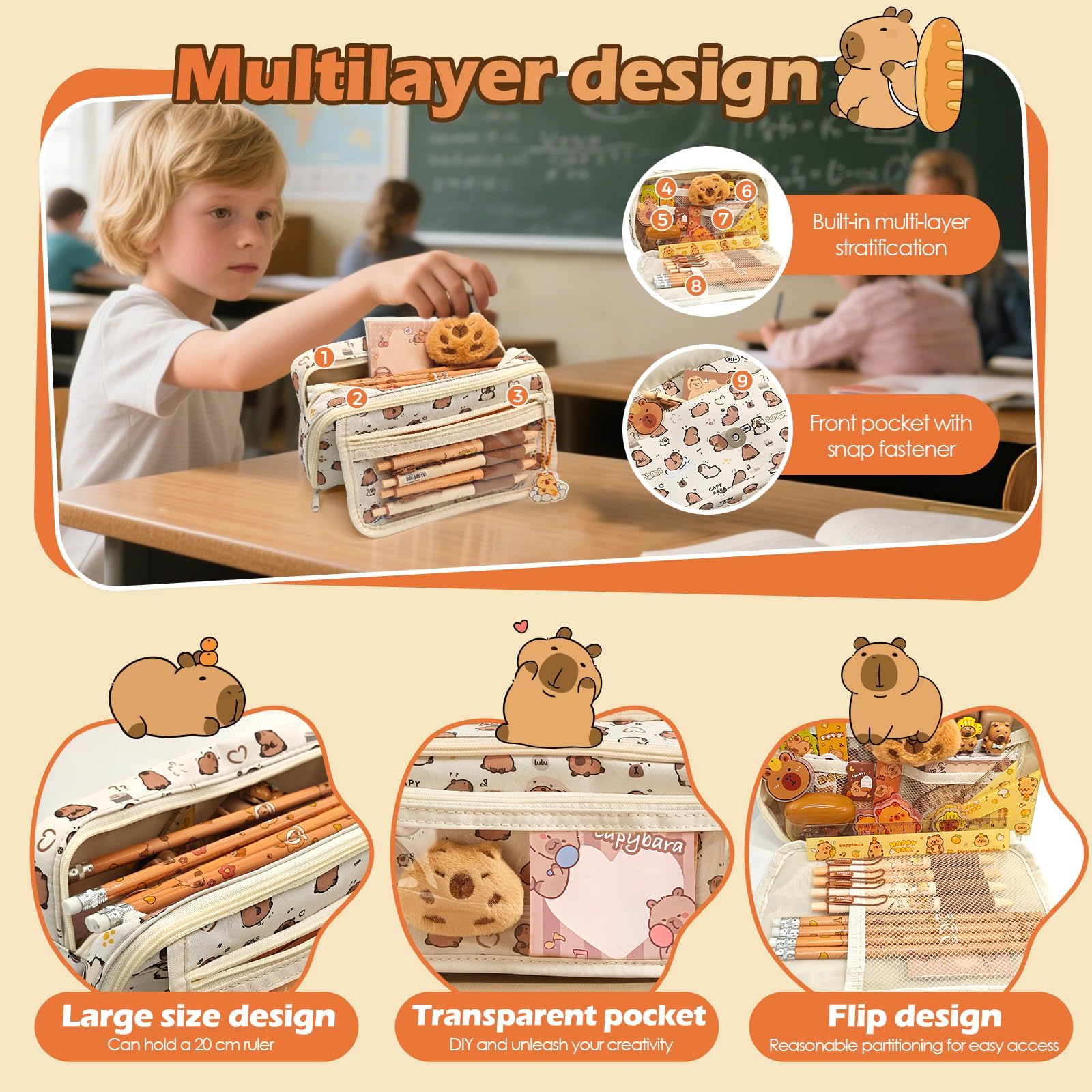 Ronronner 72 Pièces Trousse Capybara avec Fourniture, Capybara Papeterie avec Inclut Stylos, Clips, Règles - Organisé pour École, Bureau, Étudiants, Enfants