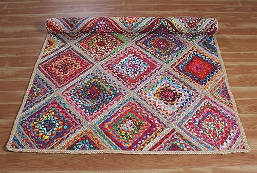 Miniatura 8 de CASAVANI Alfombra trenzada 100% ecológica hecha a mano, multiusos, geométrica, multicolor, yute y algodón, los mejores usos para pasillo, entrada,