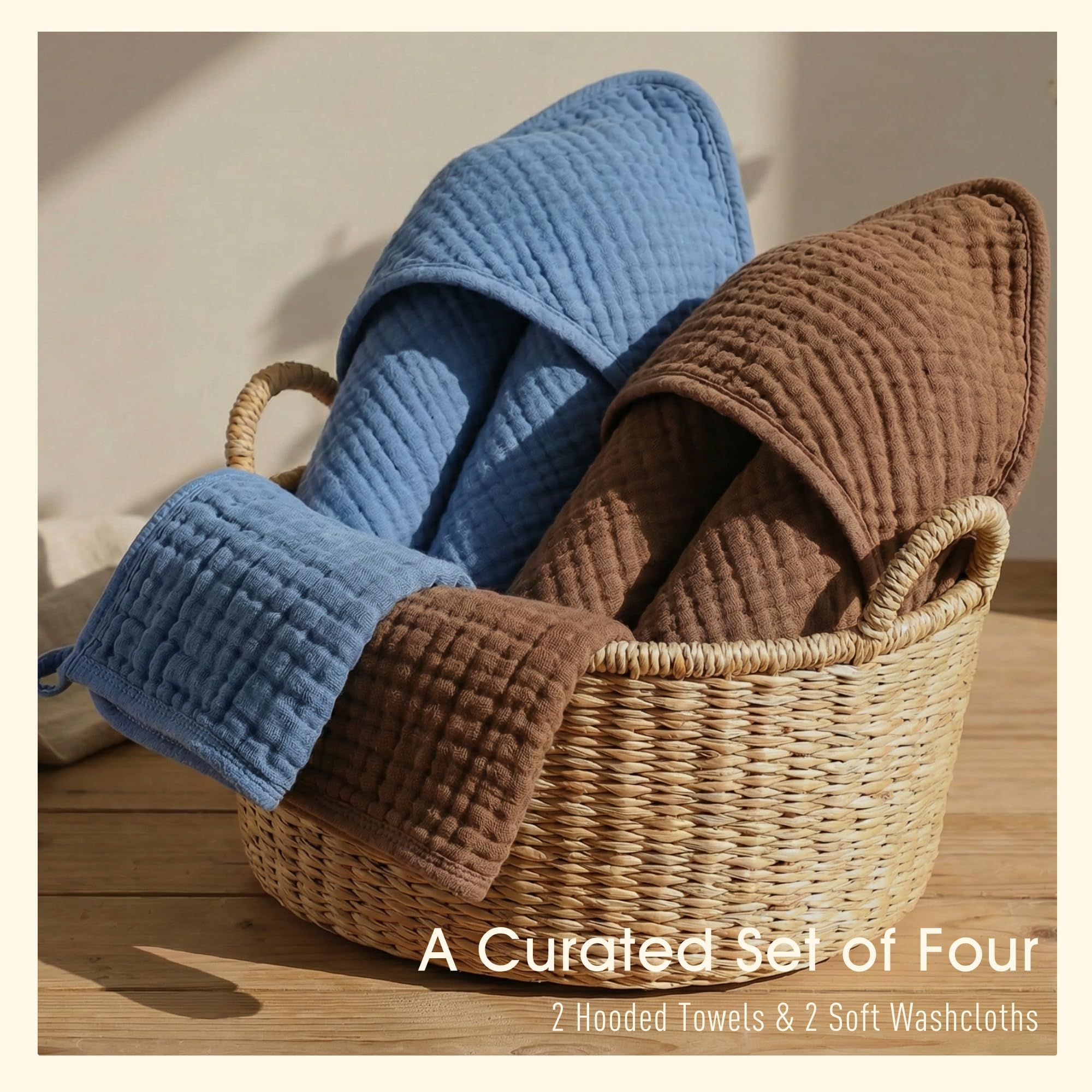 Toallas de baño de muselina para bebé, paquete de 4 toallas de baño de muselina de alta calidad, 6 capas, de algodón natural, suaves y cómodas para niños y niñas (café y azul)